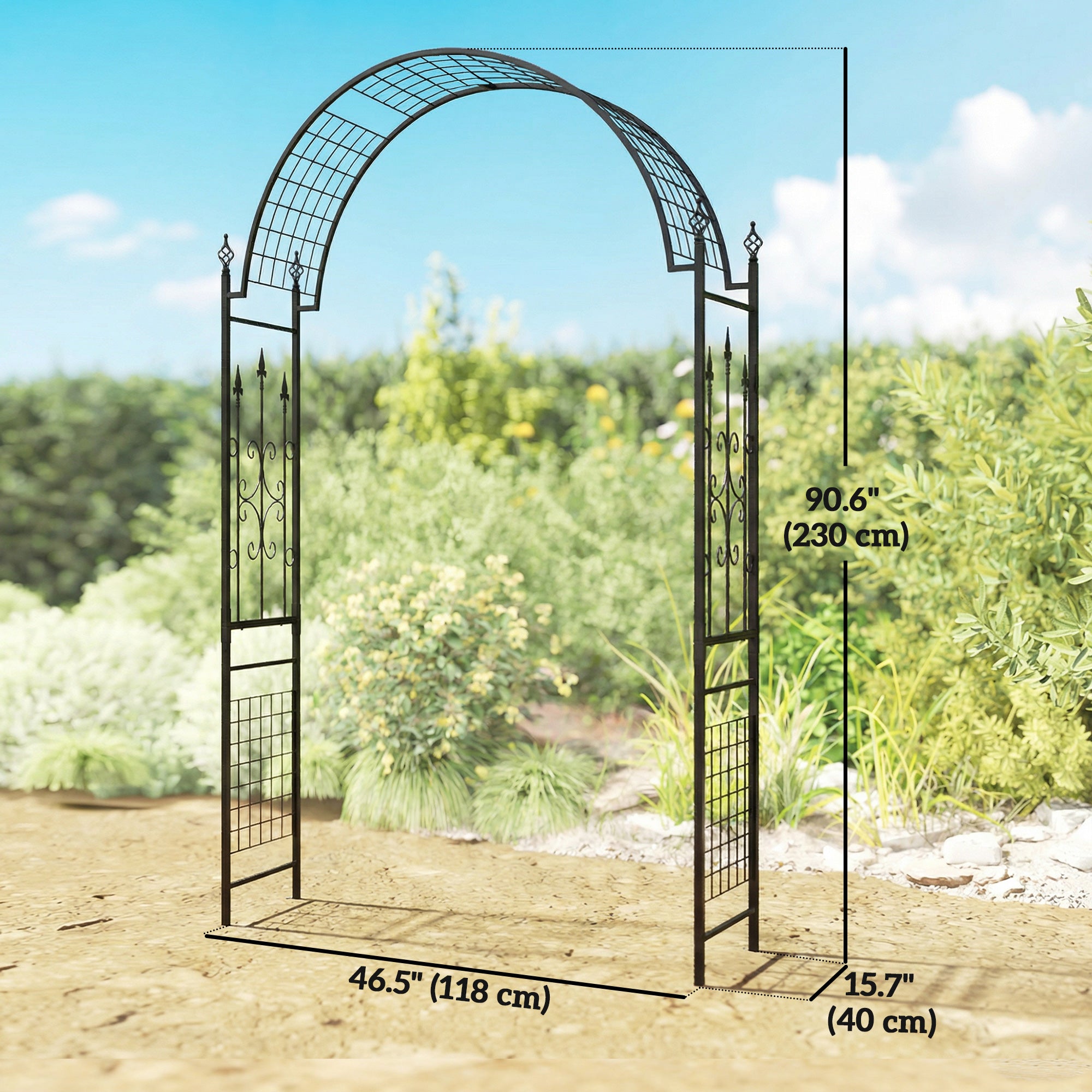 7.5 ft Steel Garden Arch, Outdoor Trellis Arbor with Scrollwork for Climbing Plants, Wedding Arch, Black