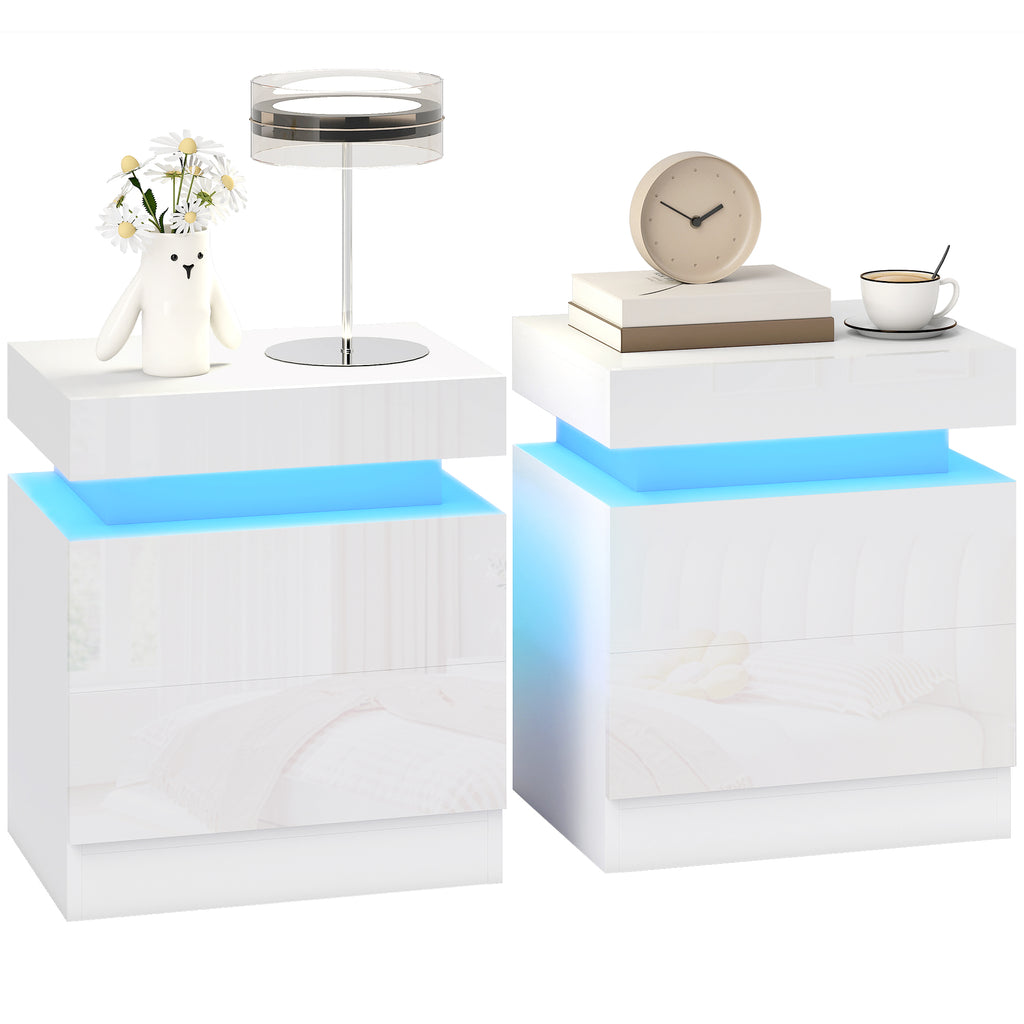 Nightstand Set of 2, End Side Tables with LED Lights, Bedside Tables with 2 Drawers, for Bedroom, White