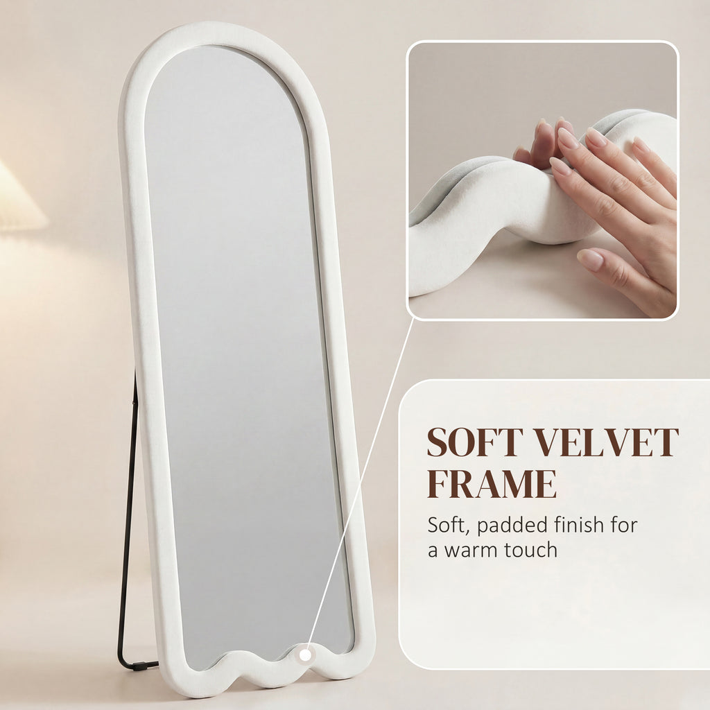 64" x 24" Full Length Mirror, Floor Mirror Hanging or Wall Mount, with Arched Wavy Bottom Velvet Frame for Bedroom