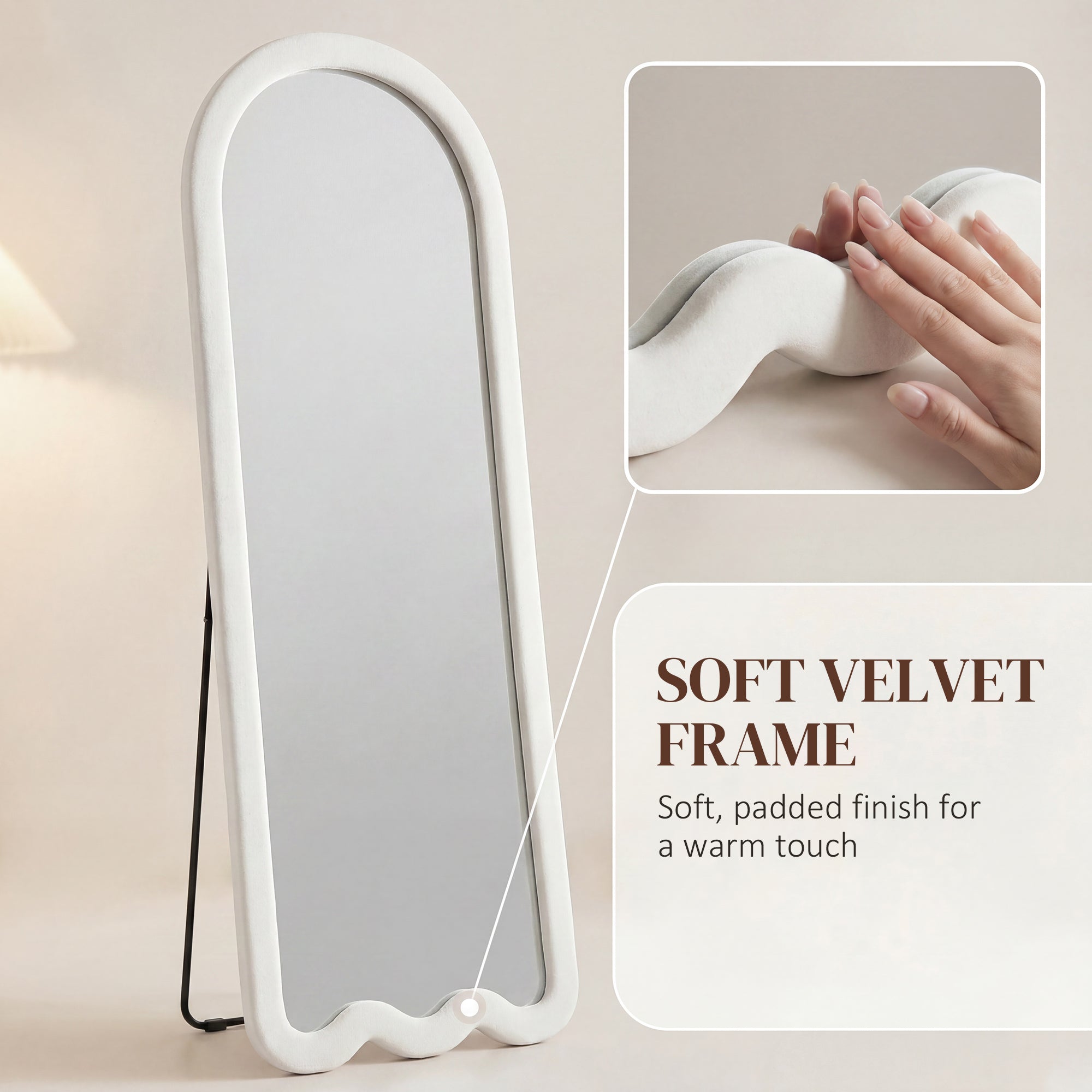 64" x 24" Full Length Mirror, Floor Mirror Hanging or Wall Mount, with Arched Wavy Bottom Velvet Frame for Bedroom