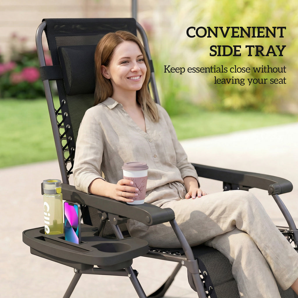 Zero Gravity Chair Set of 2, Folding Reclining Outdoor Lounge Chair with Cup Holder, Headrest, Black