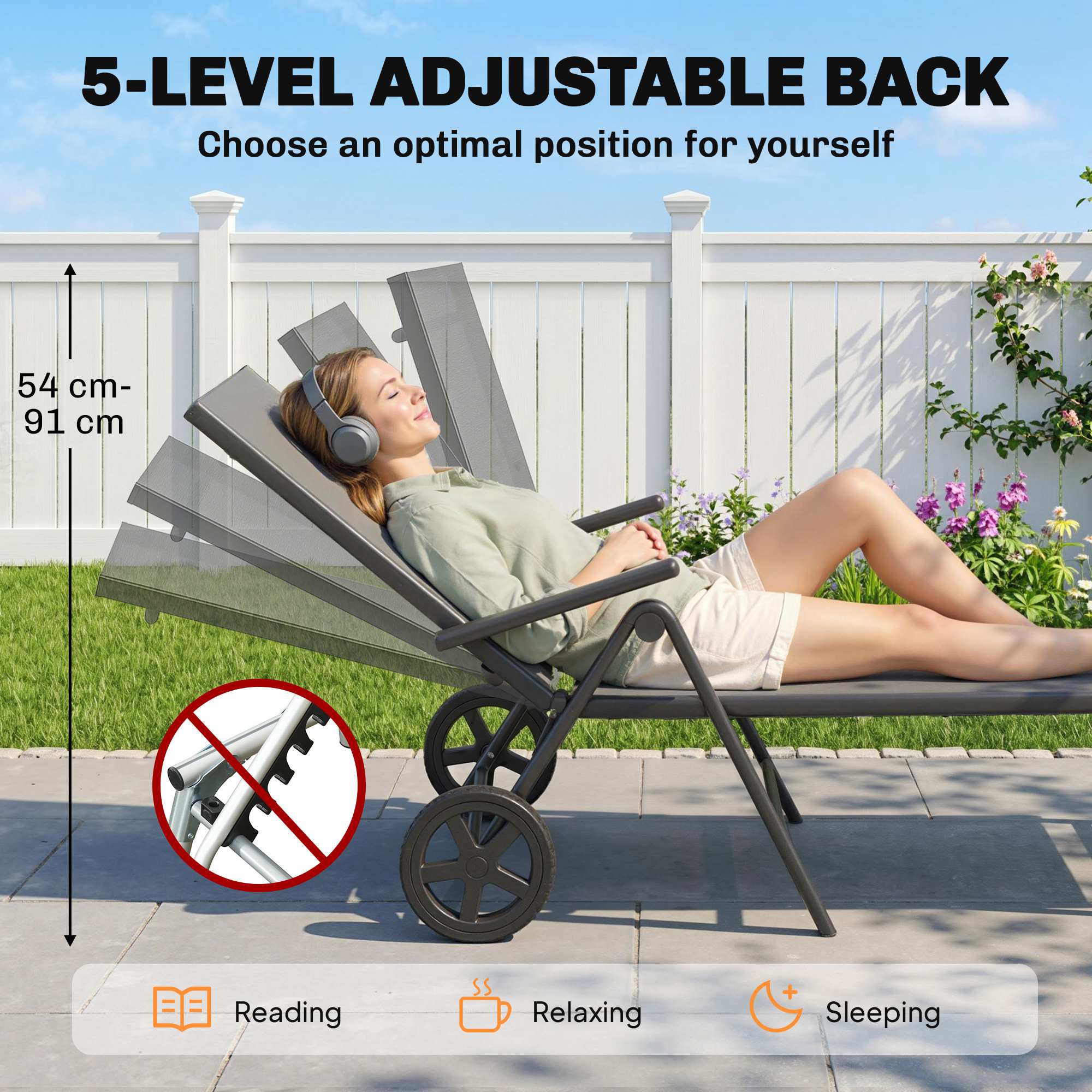 Outdoor Lounge Chair, 5-Level Adjustable Folding Chaise Chair with 2 Wheels for Backyard, Beach, Poolside, Grey