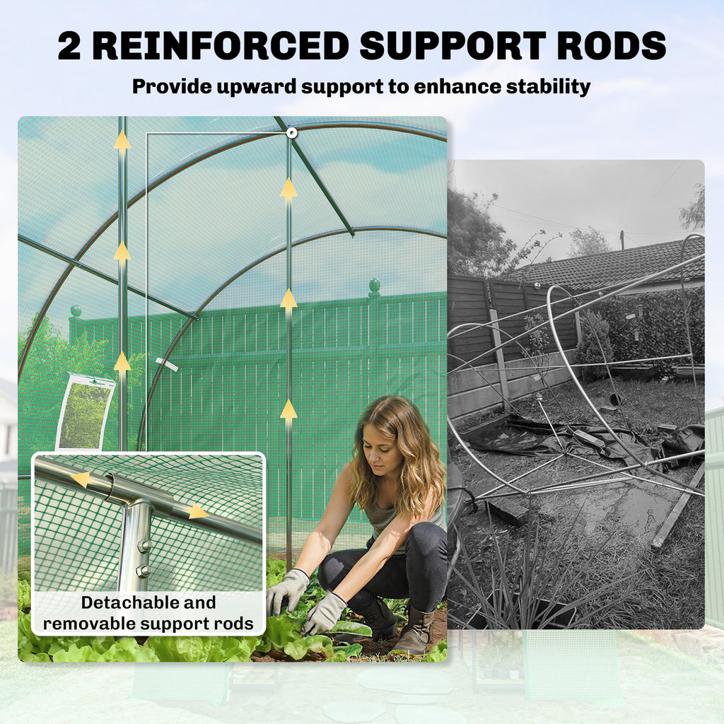 Walk-in Tunnel Greenhouse, Plant Hot House w/ Support Rods, Roll-up Mesh Door, Mesh Windows, 13'x9.8'x6.6', Green