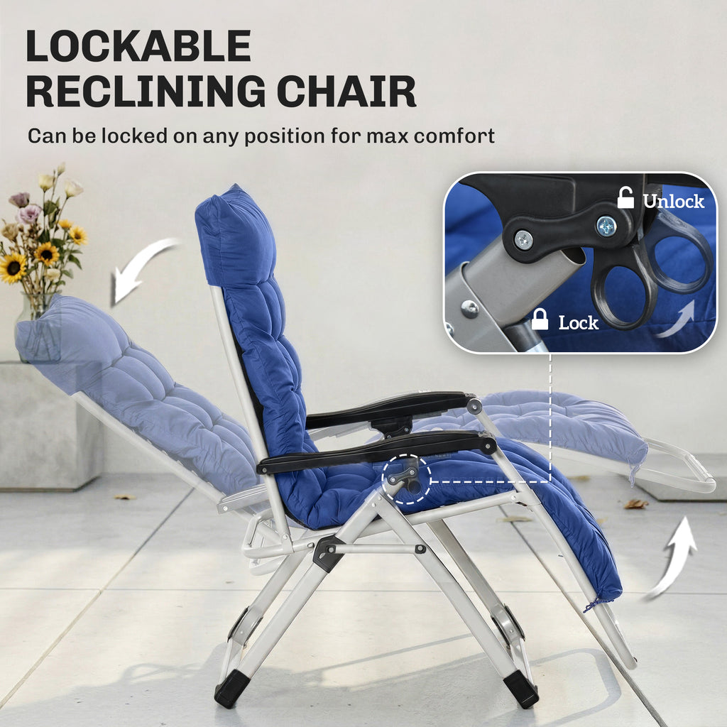 Reclining Zero Gravity Chair with Adjustable Backrest, Folding Garden Sun Lounger, Outdoor Recliner with Removable Cushion and Headrest, Dark Blue