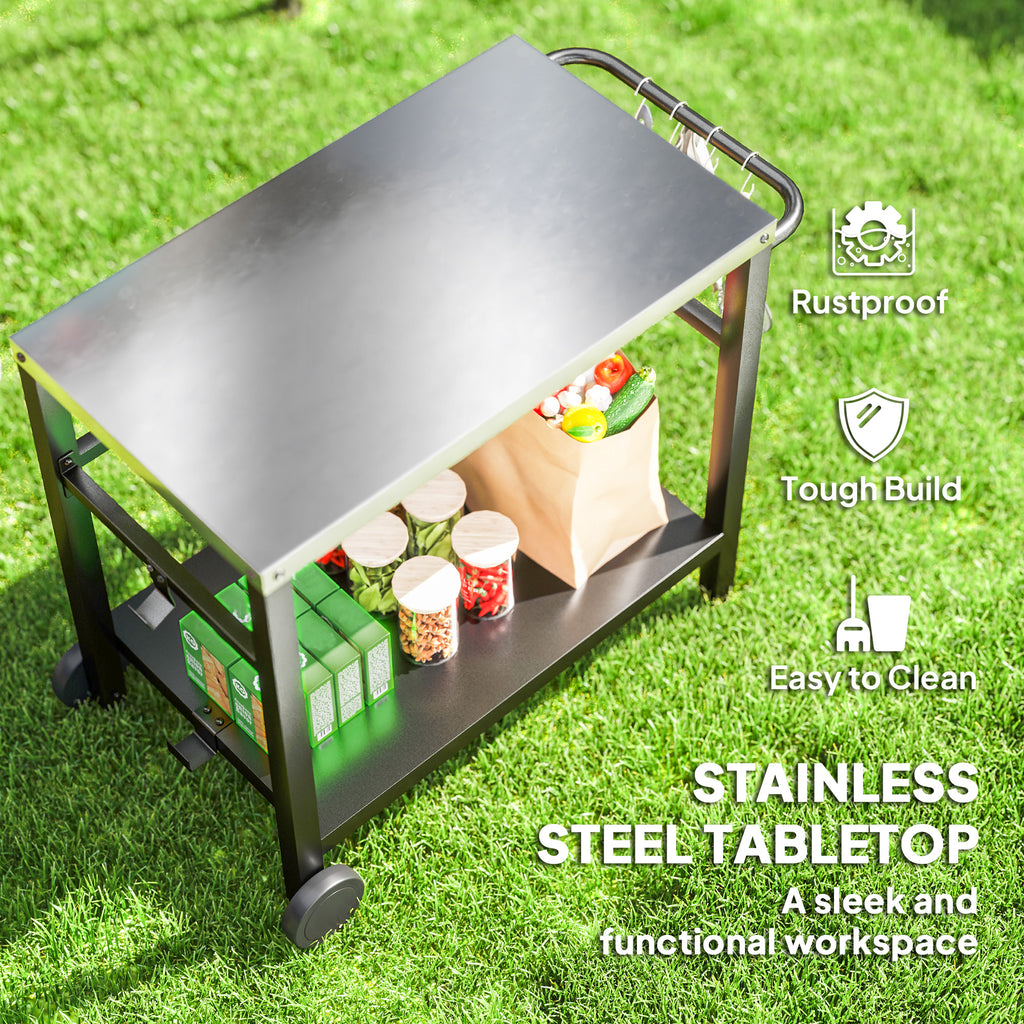 Outdoor Grill Dining Cart with Stainless Steel Tabletop, 2-Shelf BBQ Movable Pizza Oven Stand with Wheels, Charcoal Grey