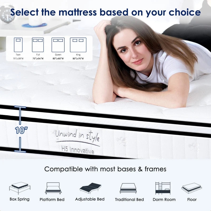 10 inch full size mattress with pressure-relieving memory foam and pocket spring support