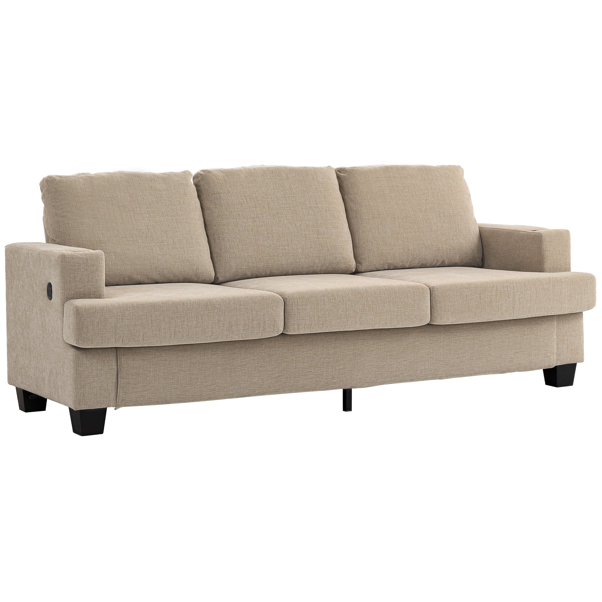 3 Seater Sofa with USB Ports & Cup Holders, Chenille-Feel Upholstered Couch for Living Room, Light Brown