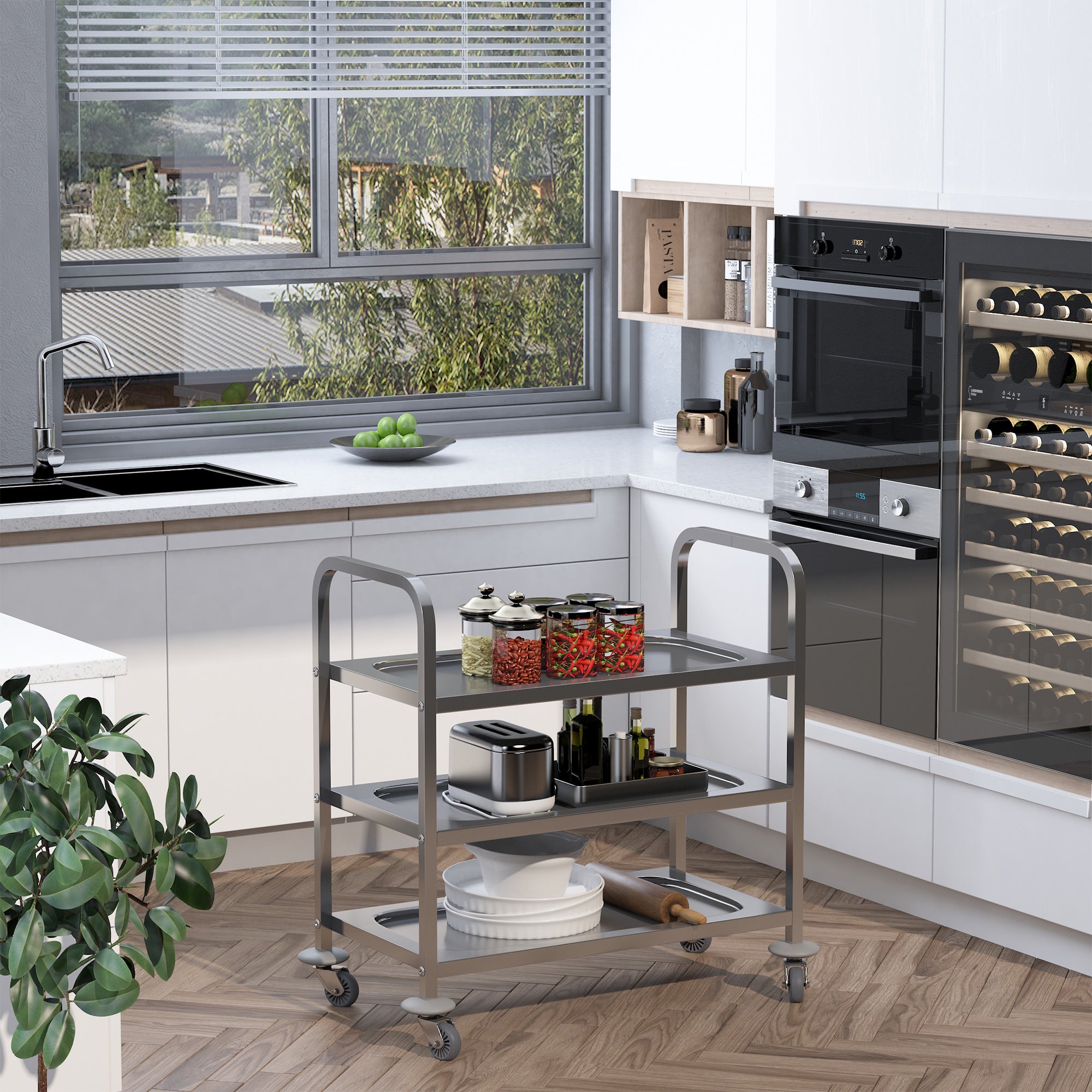 35.6" 3-Tier Kitchen Trolley Medical Treatment Laboratory Equipment Carts, Stainless Steel Rolling Kitchen Island, Wheeled Storage Utility Serving Cart, 330LBS Heavy Gauge