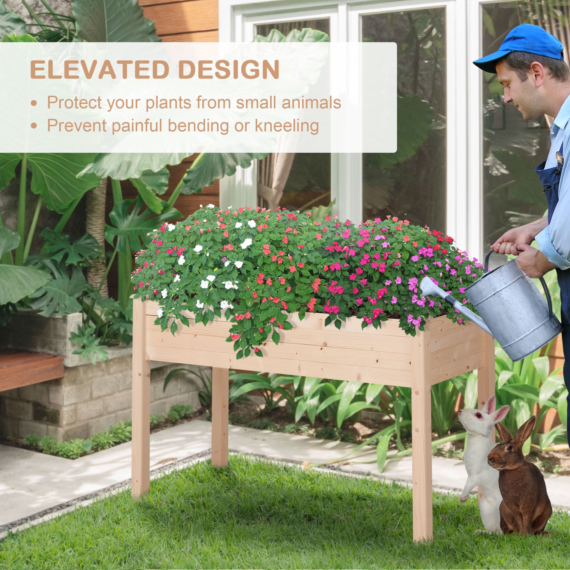 48" x 22" x 30" Wooden Patio Raised Garden Bed Planter, Elevated Planter Box with Legs, Outdoor Flower Stand with Inner Bag, Natural Wood Colour