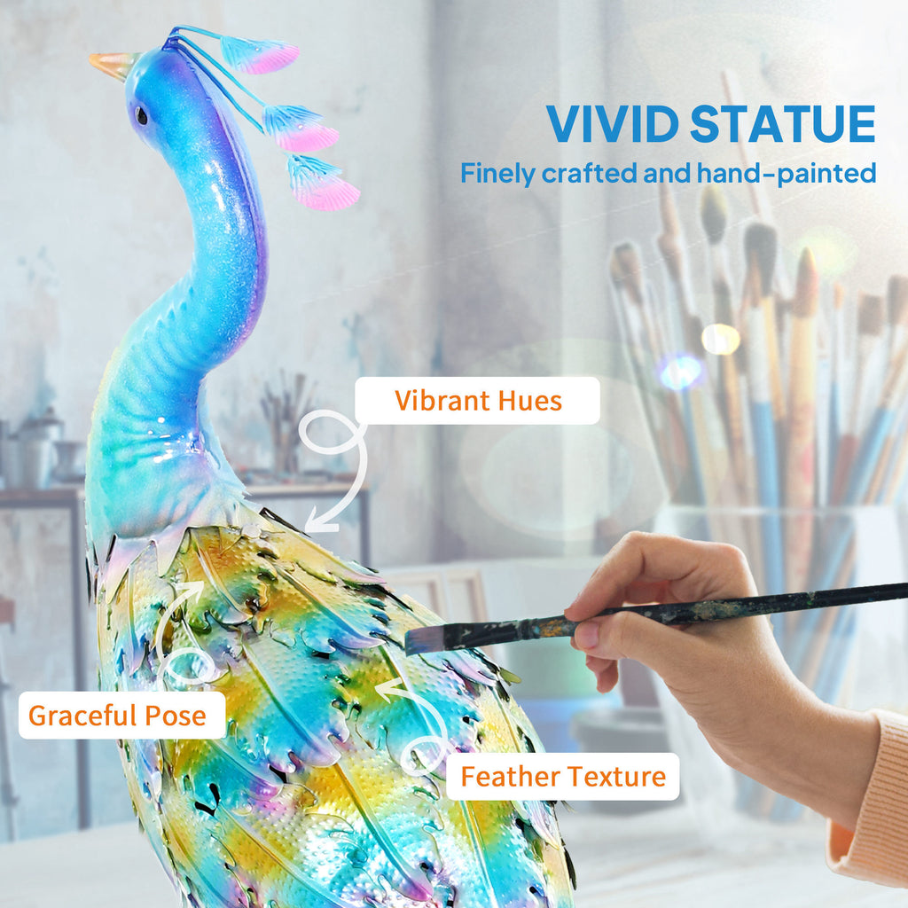 Peacock Garden Statue, 32.7" Standing Lawn Ornament, Steel Garden Decor Bird Statue with Stakes for Lawn Patio Backyard Decoration, Sky Blue