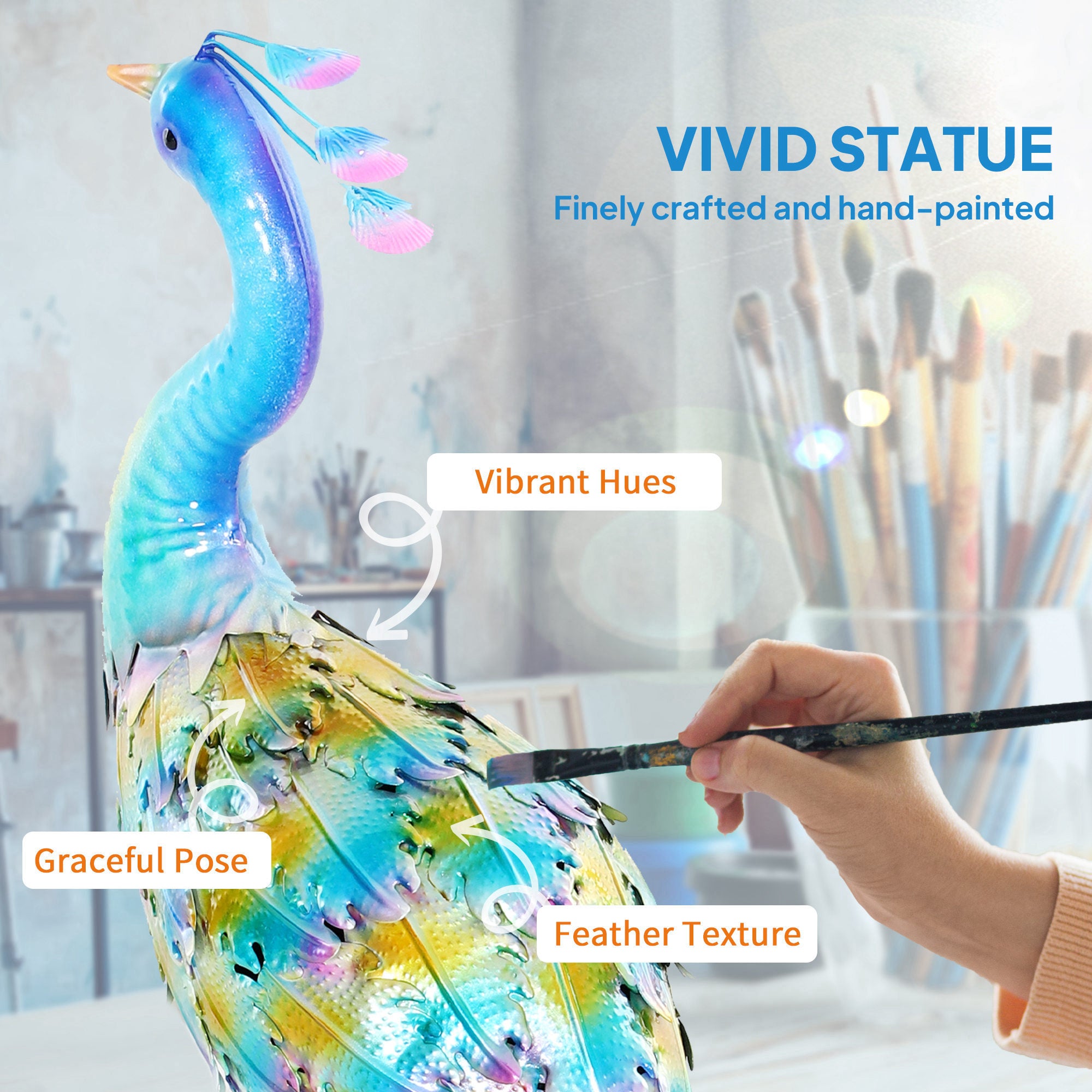 Peacock Garden Statue, 32.7" Standing Lawn Ornament, Steel Garden Decor Bird Statue with Stakes for Lawn Patio Backyard Decoration, Sky Blue