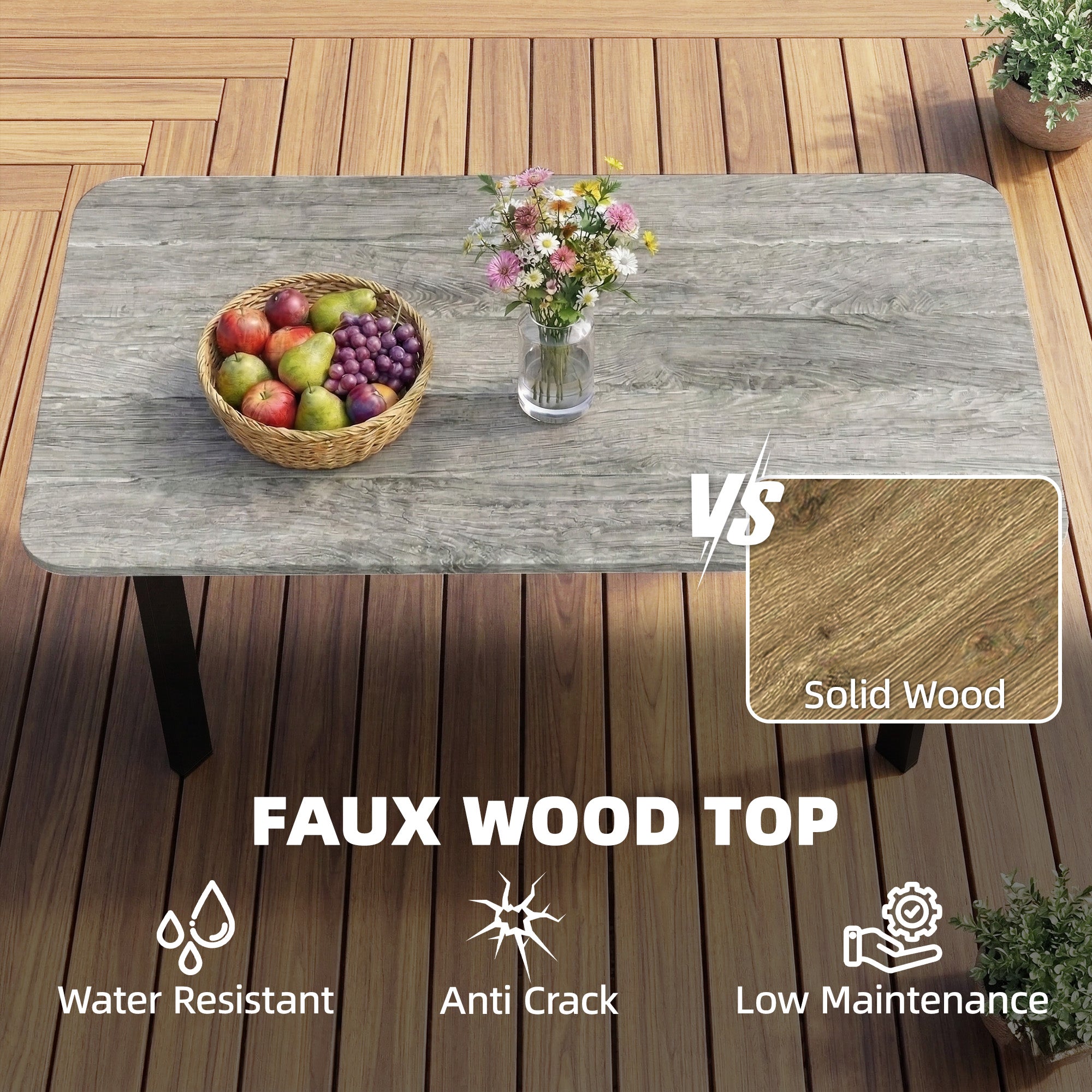 Outdoor Garden Coffee Table, Patio Table with Slatted Wood Plastic Composite Top and Steel Frame, Grey