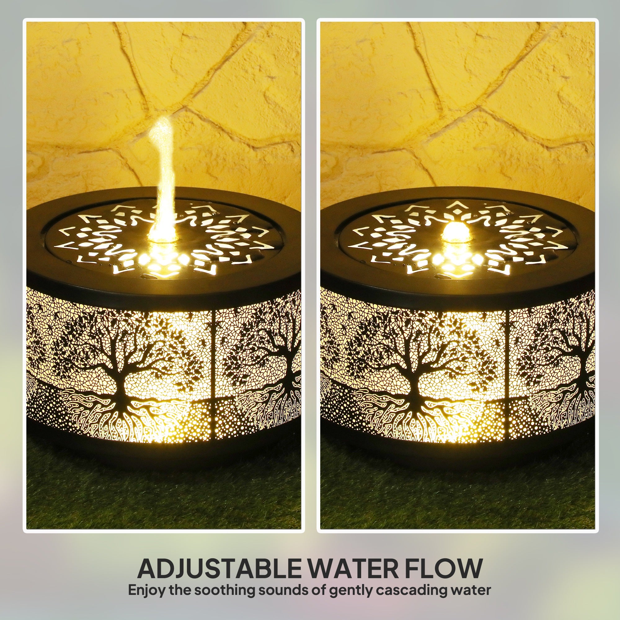 Outdoor Water Fountain with LED Lights, 10" Tall Garden Waterfall Fountain Feature with Adjustable Flow, Black