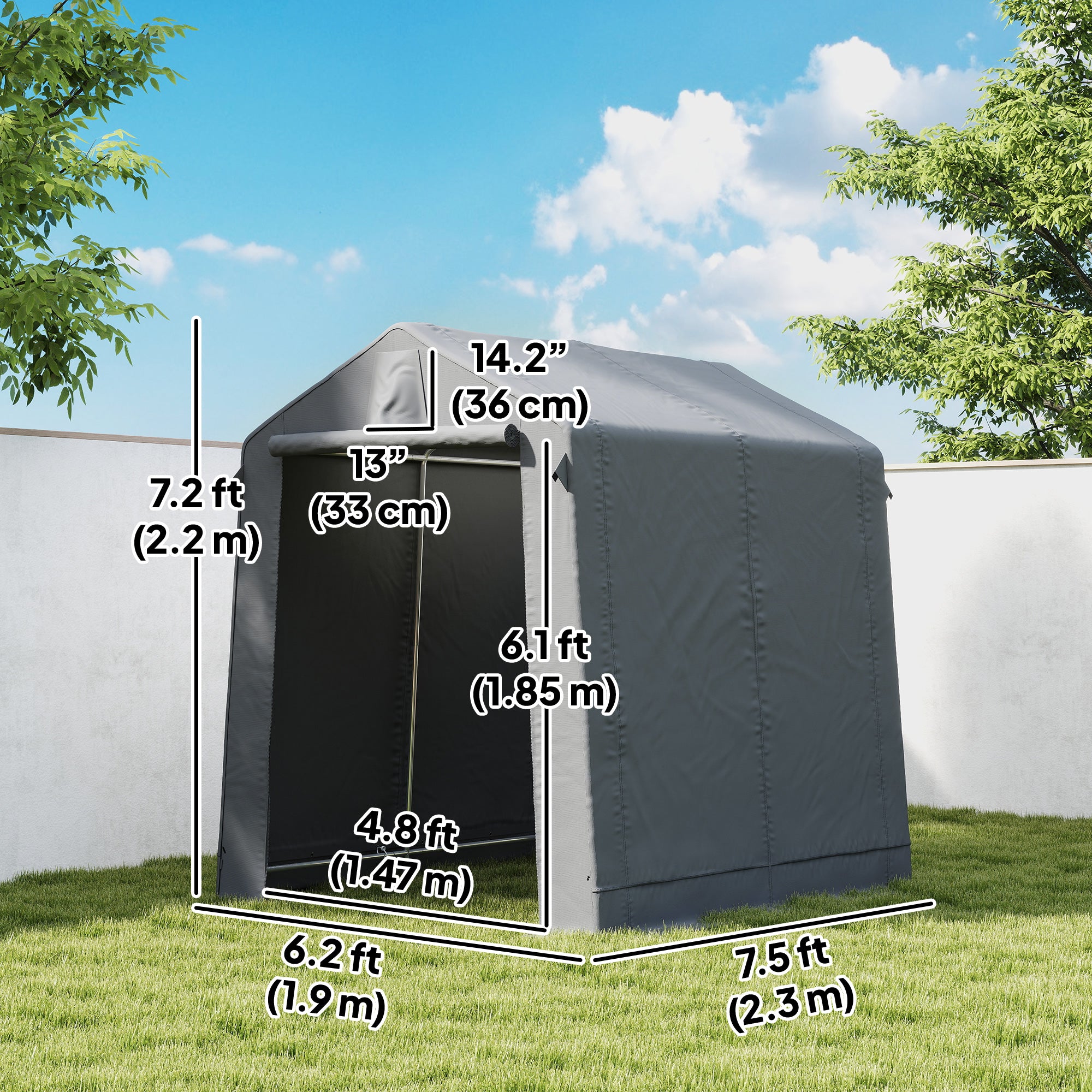 7.5' x 6.2' Portable Shed, Waterproof Bike Tent with Roll-up Zipper Door, Vent and Galvanised Metal Frame, Dark Grey
