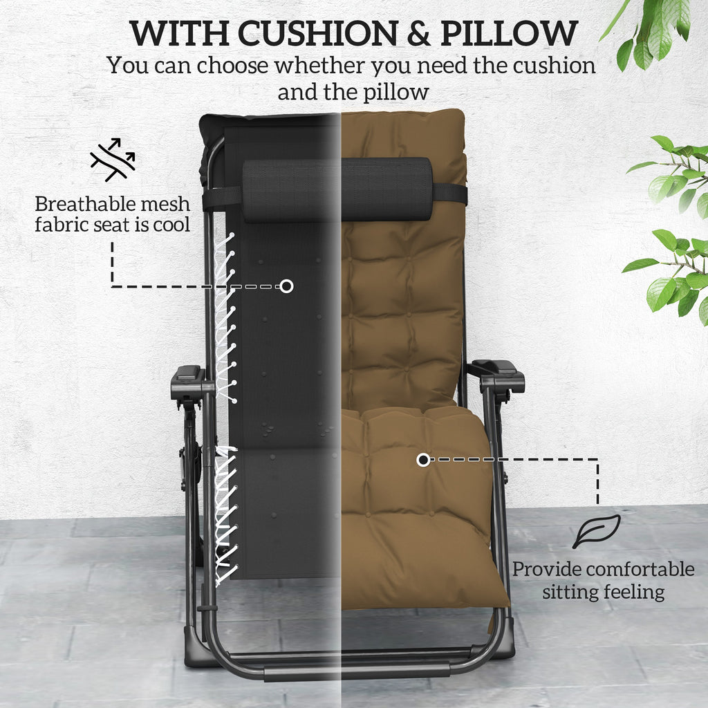 Folding Garden Chairs Set of 2, Reclining Zero Gravity Chair, Sun Lounger with Cushion and Headrest, Khaki