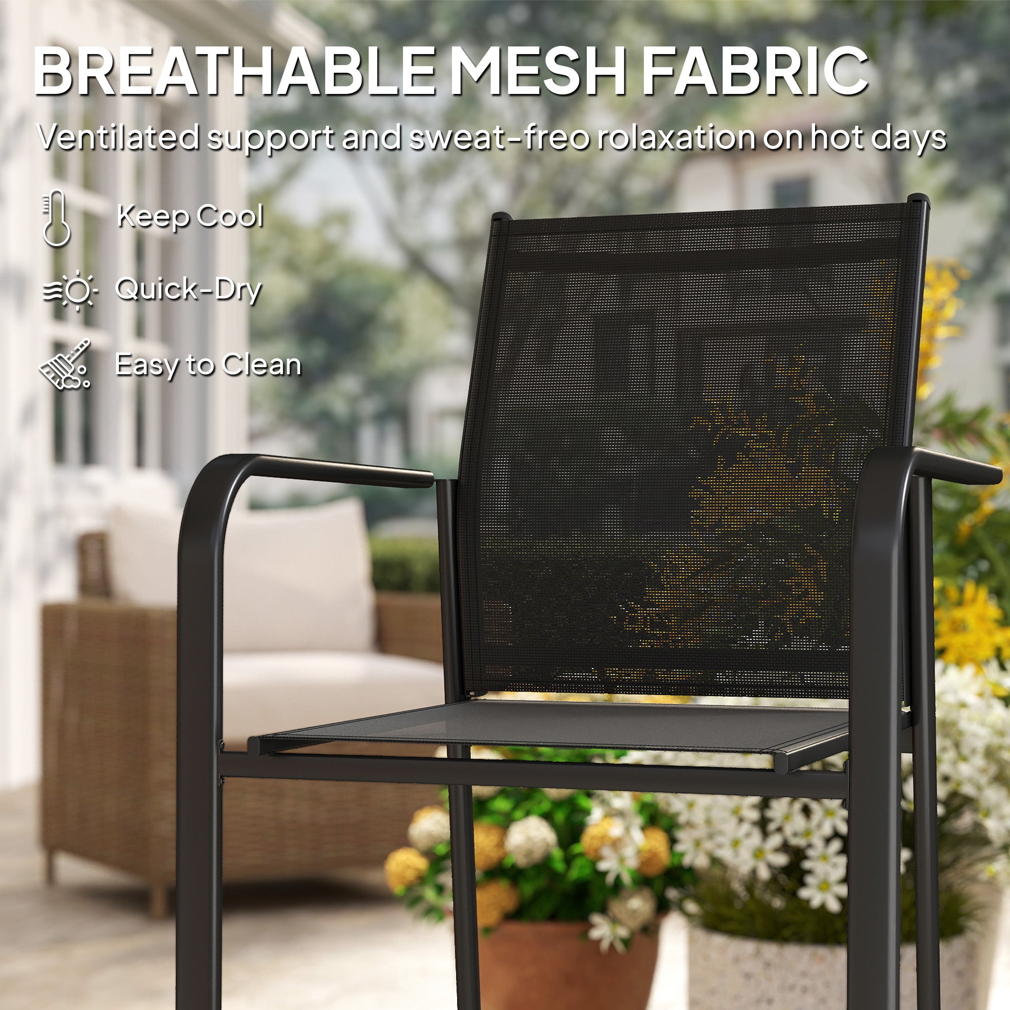 Stackable Patio Chairs Set of 4, Outdoor Dining Chairs with 20" Deep Seat, All Weather Breathable Mesh, Armrests, Black