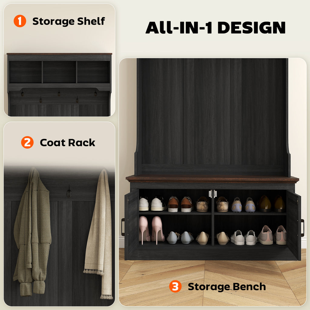 3-in-1 Hall Tree with Bench, Coat Rack with Shoe Storage, Distressed Black