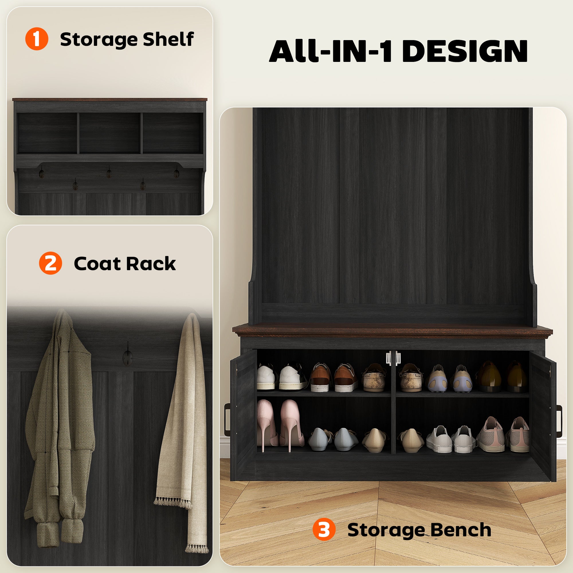 3-in-1 Hall Tree with Bench, Coat Rack with Shoe Storage, Distressed Black