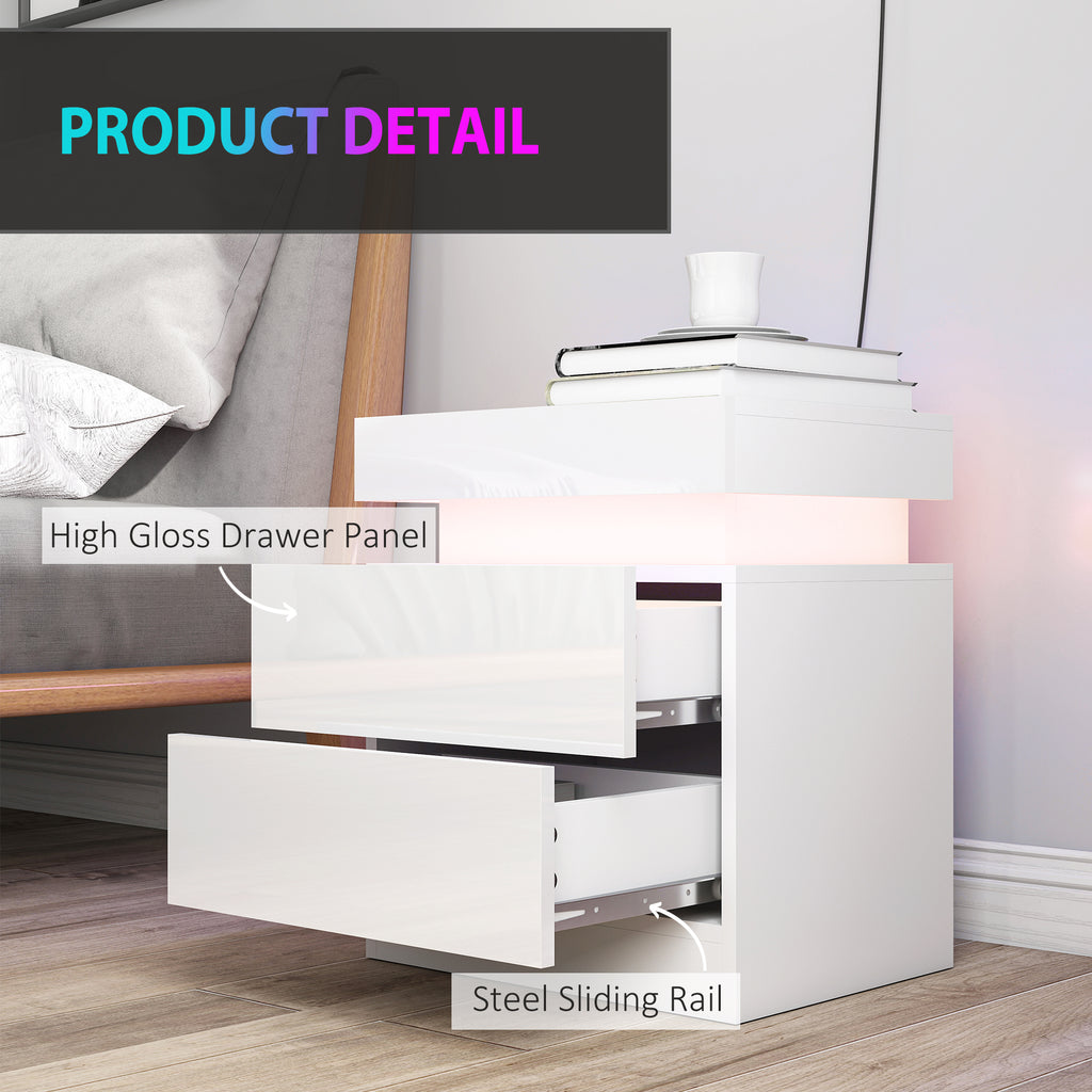 Nightstand Set of 2, End Side Tables with LED Lights, Bedside Tables with 2 Drawers, for Bedroom, White