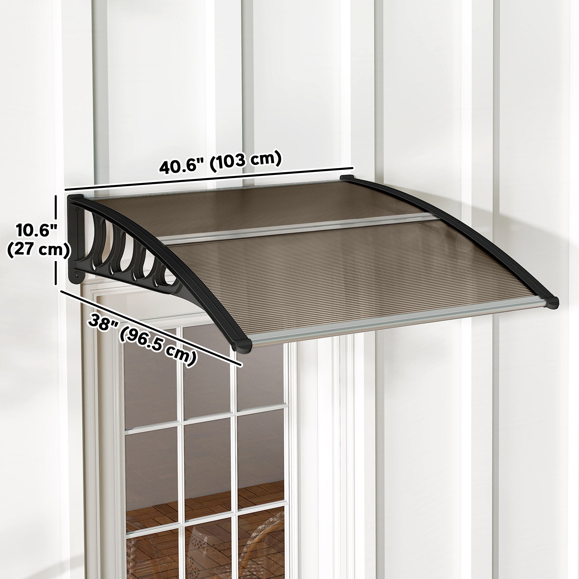 Awning Door Canopy, 40.6" x 38" Polycarbonate Front Door Outdoor Patio Cover with Hollow Sheet for UV Protection, Brown