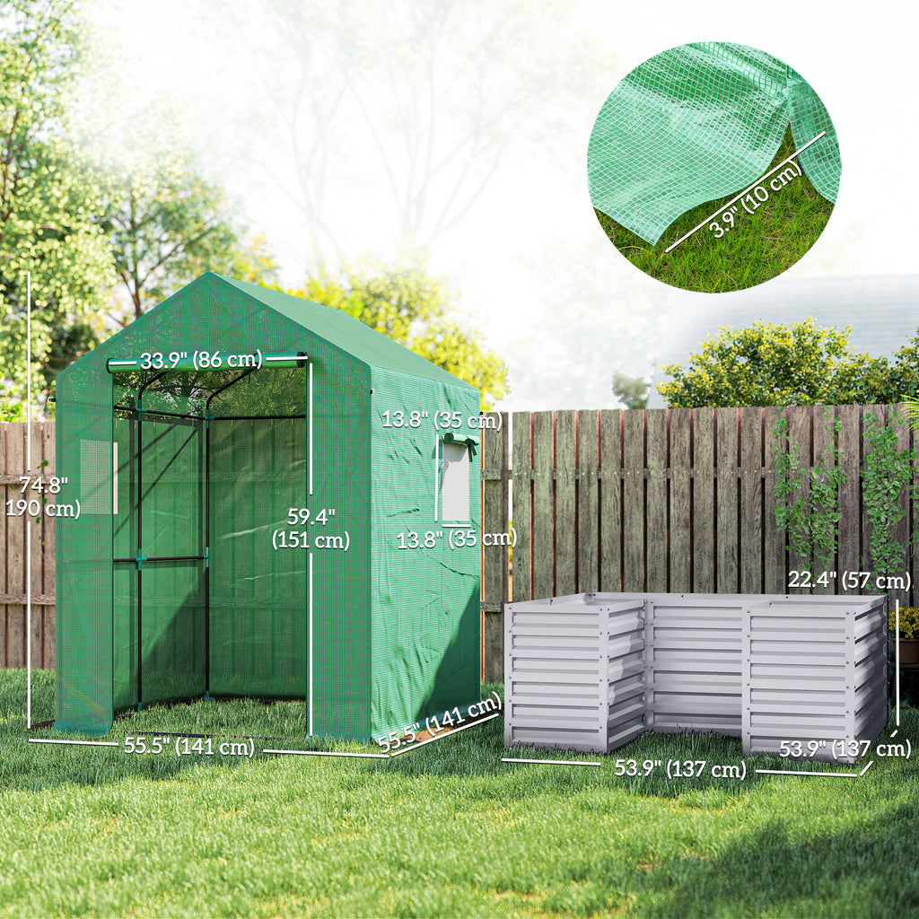 Greenhouse with Raised Garden Bed, Galvanized Metal Planter Box with PE Cover, Roll Up Door, 56" x 56" x 75", Green