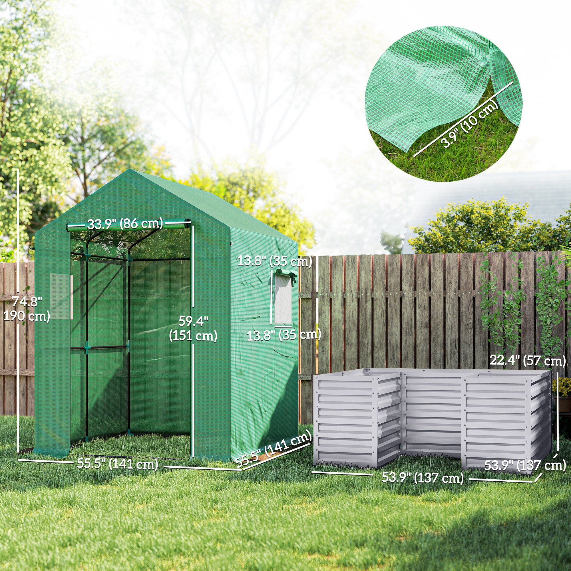 Greenhouse with Raised Garden Bed, Galvanized Metal Planter Box with PE Cover, Roll Up Door, 56" x 56" x 75", Green