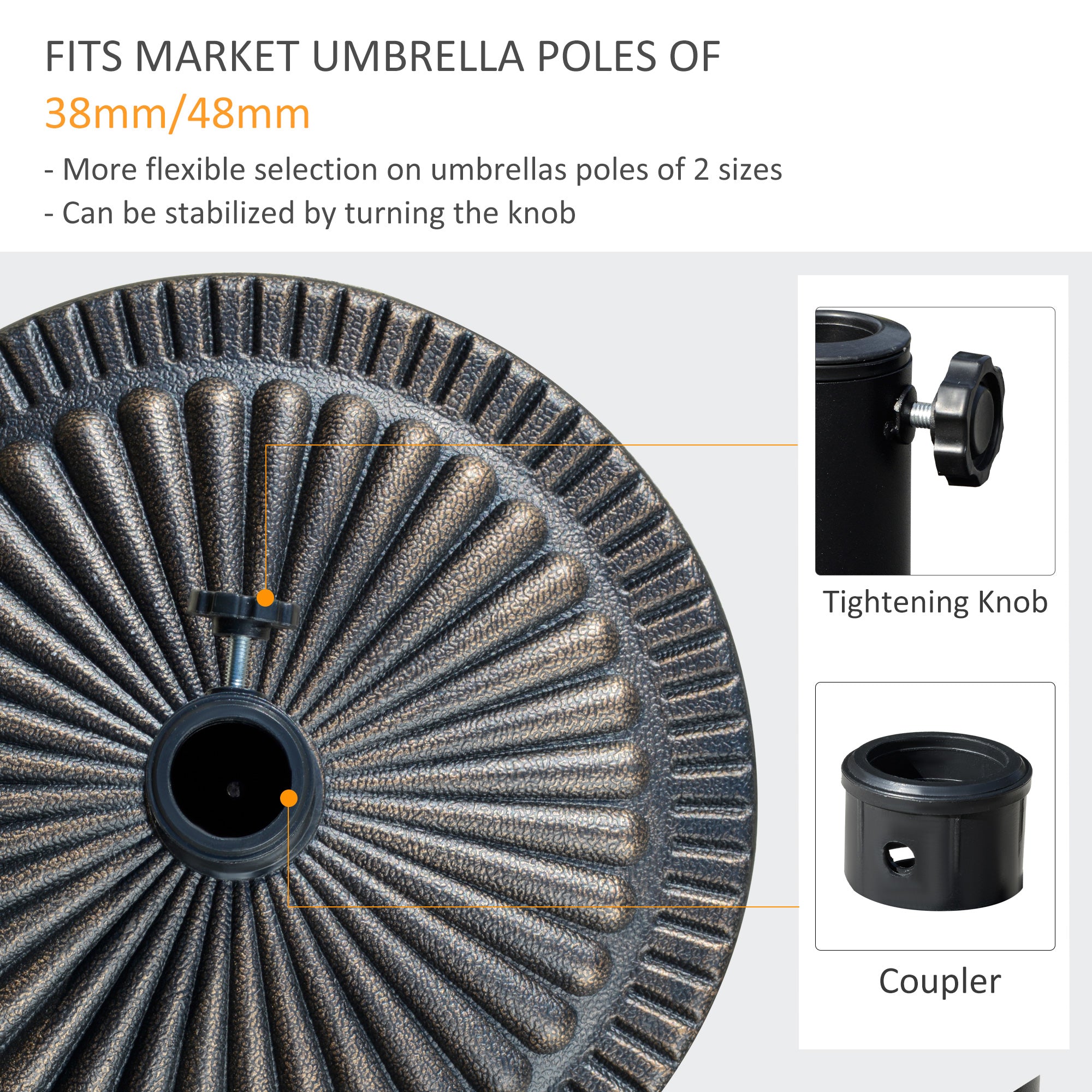 Round Umbrella Base Î¦19.1", 31.5 lbs Resin Stand with Decorative Design for Poles 1.5"/1.9", Bronze