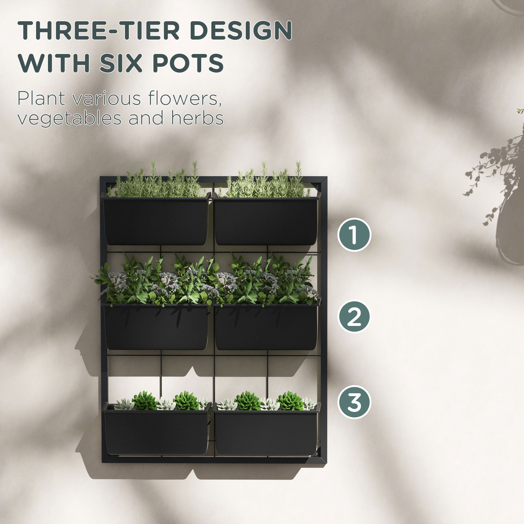 3-Tier Wall Planter with 6 Pots for Indoor and Outdoor Use, Hanging Plant Holder, Self Draining Wall Mounted Planter