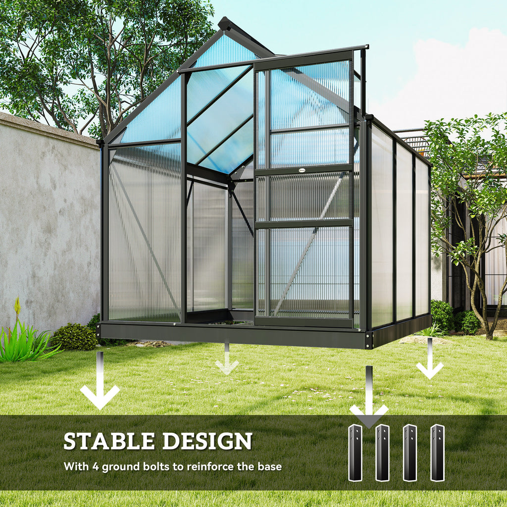 Patio Greenhouse with Rain Gutters, Rooftop Vent, Outdoor Greenhouse Kit, 6.2' x 6.3' x 6.6', Grey