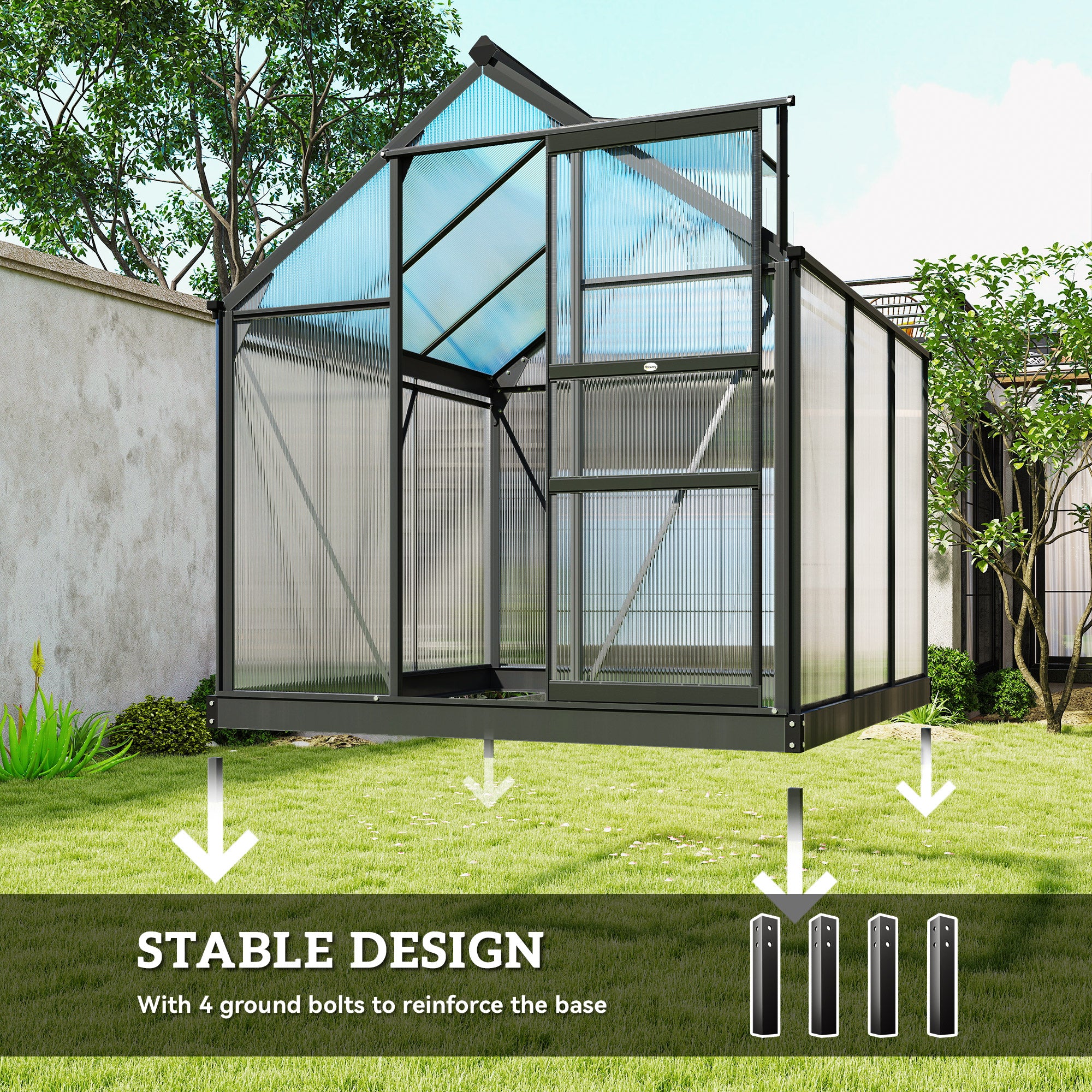 Patio Greenhouse with Rain Gutters, Rooftop Vent, Outdoor Greenhouse Kit, 6.2' x 6.3' x 6.6', Grey