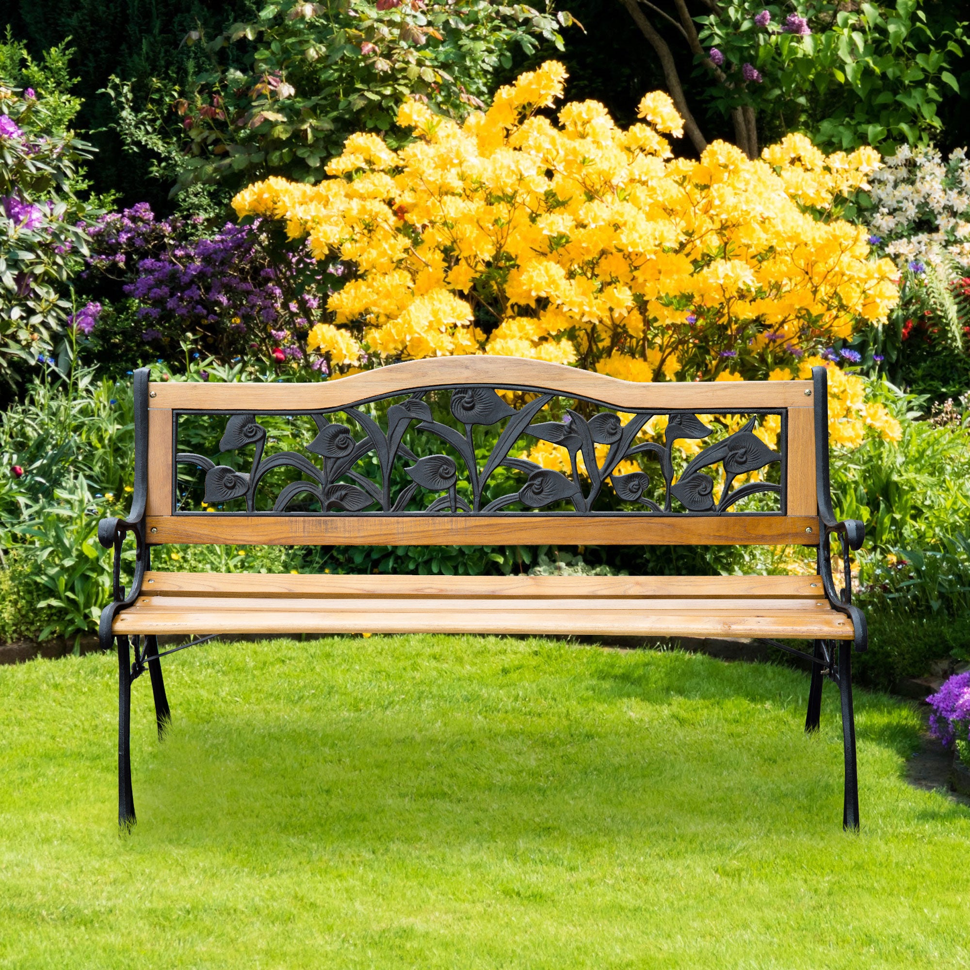 50" 2-Seater Garden Bench Chair, Loveseat for Yard, Lawn, Porch, Patio, Cast Iron/ Wooded, Natural