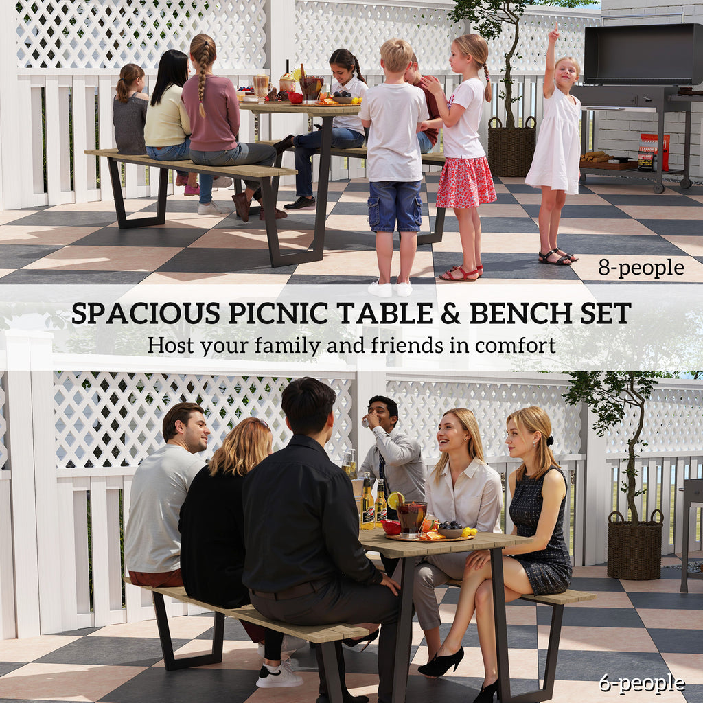 5.7 FT Outdoor Picnic Table with 2" Umbrella Hole, Spruce Wood Dining Table and 795 LBS Benches with Steel Frame, Brown