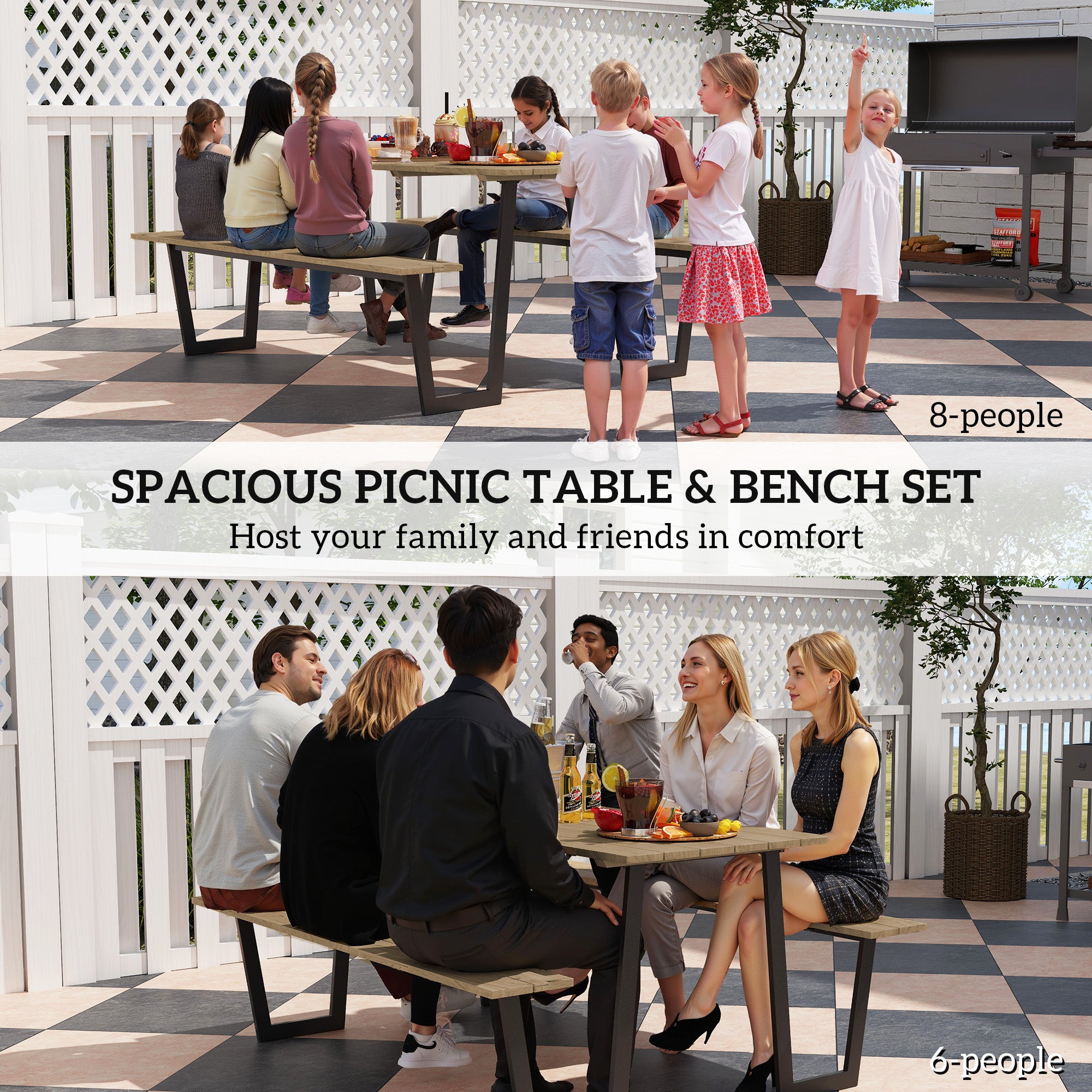 5.7 FT Outdoor Picnic Table with 2" Umbrella Hole, Spruce Wood Dining Table and 795 LBS Benches with Steel Frame, Brown