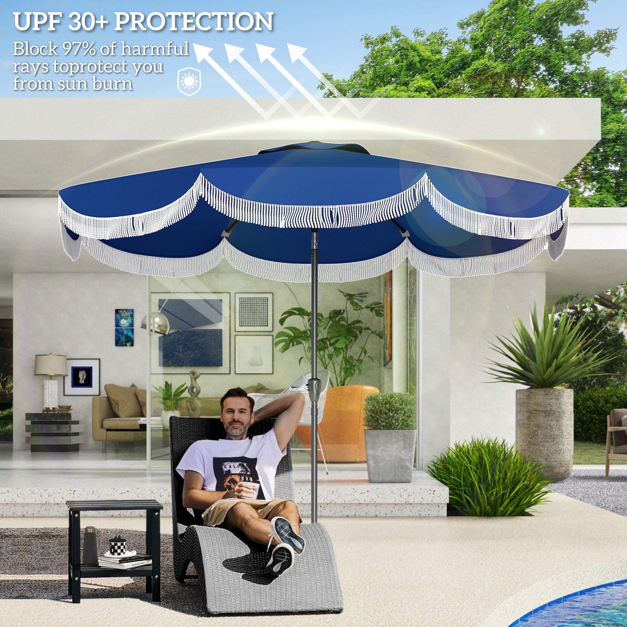 9FT Patio Umbrella Parasol, UPF 30+ Outdoor Market Umbrella with Crank, 8 Ribs, Push Button Tilt, Blue
