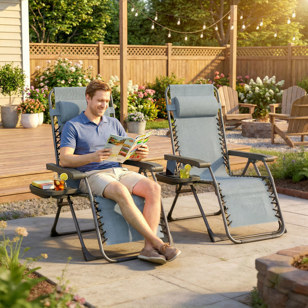 Zero Gravity Chair Set of 2, Folding Reclining Outdoor Lounge Chair with Cup Holder, Headrest, Light Grey