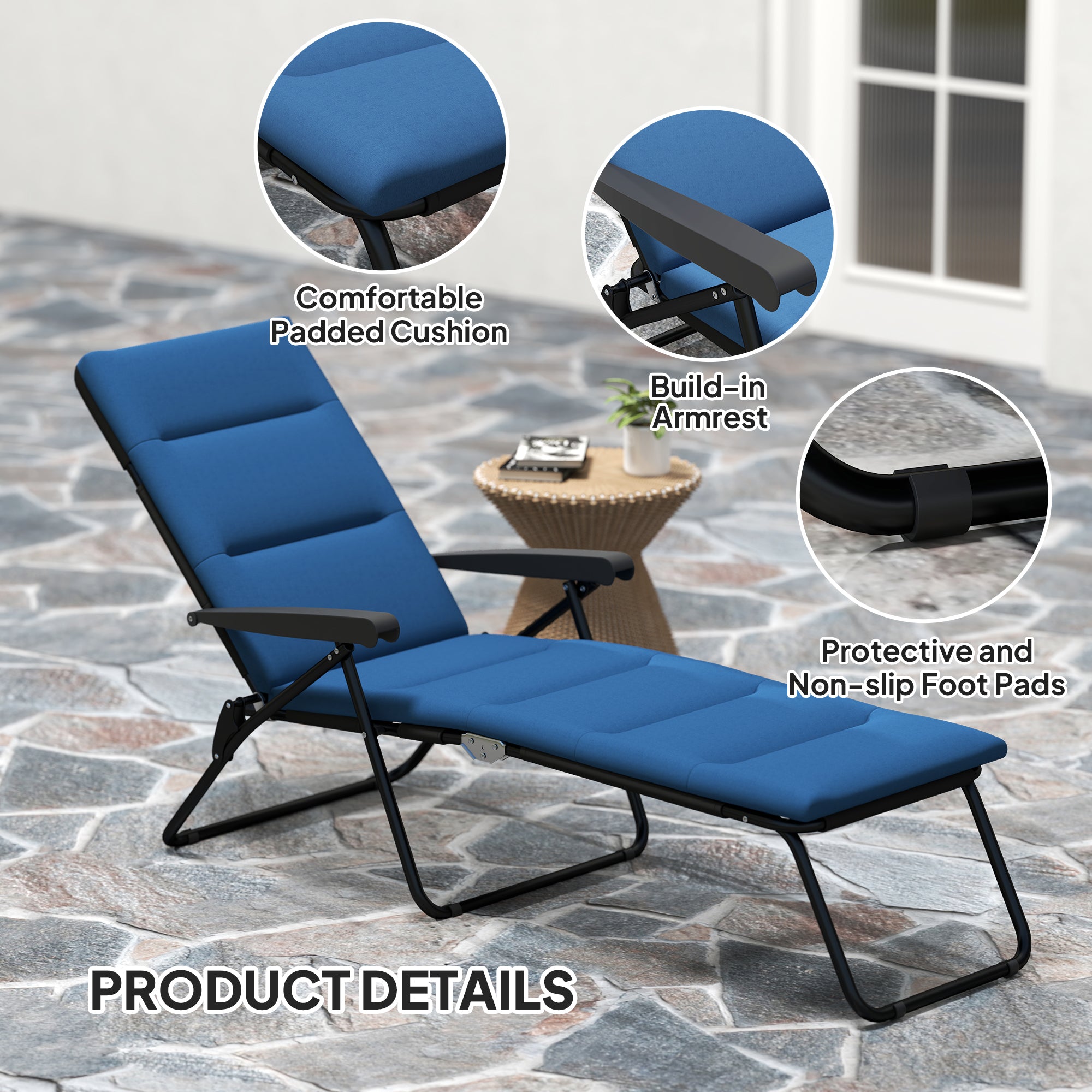 Foldable Lounge Chair, Reclining Patio Sun Lounger with 6-Position Adjustable Back, Blue