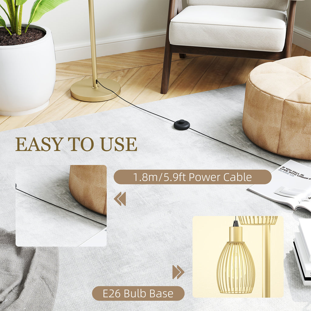 Industrial Floor Lamp with 3 Hanging Wire Lampshades, Dimmable Standing Lamp for Living Room, Gold