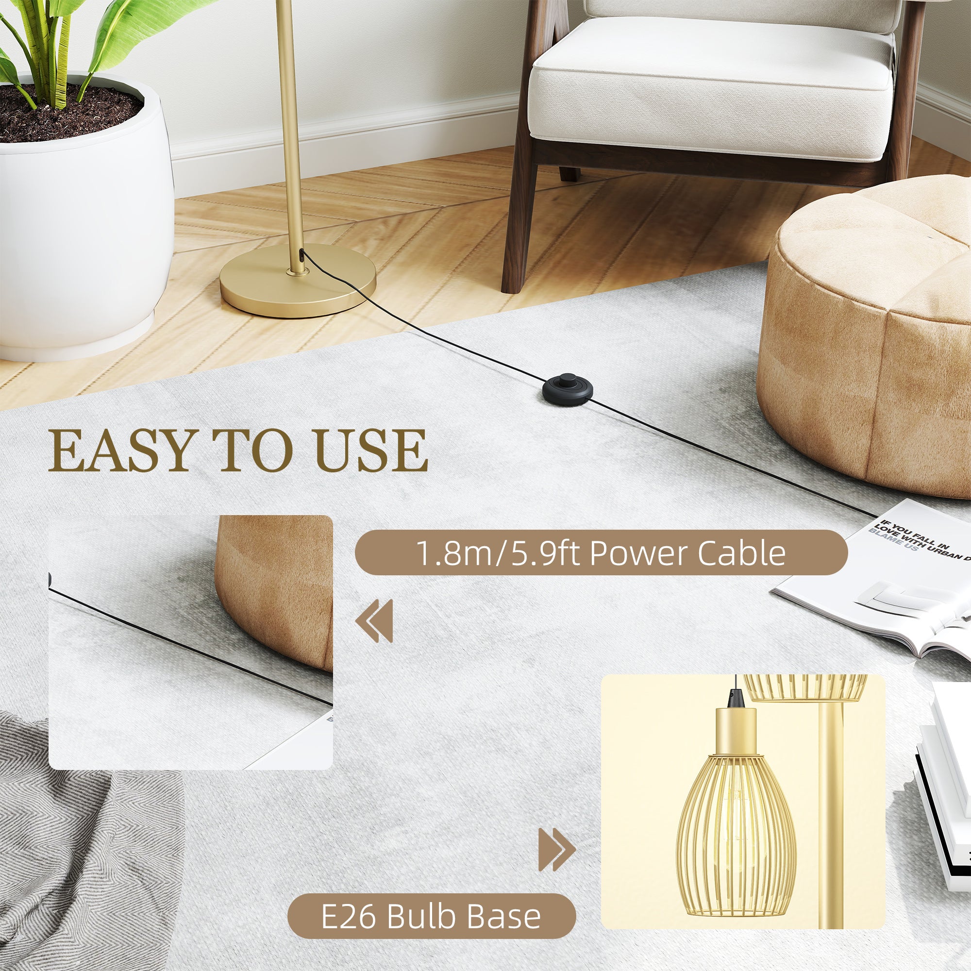 Industrial Floor Lamp with 3 Hanging Wire Lampshades, Dimmable Standing Lamp for Living Room, Gold