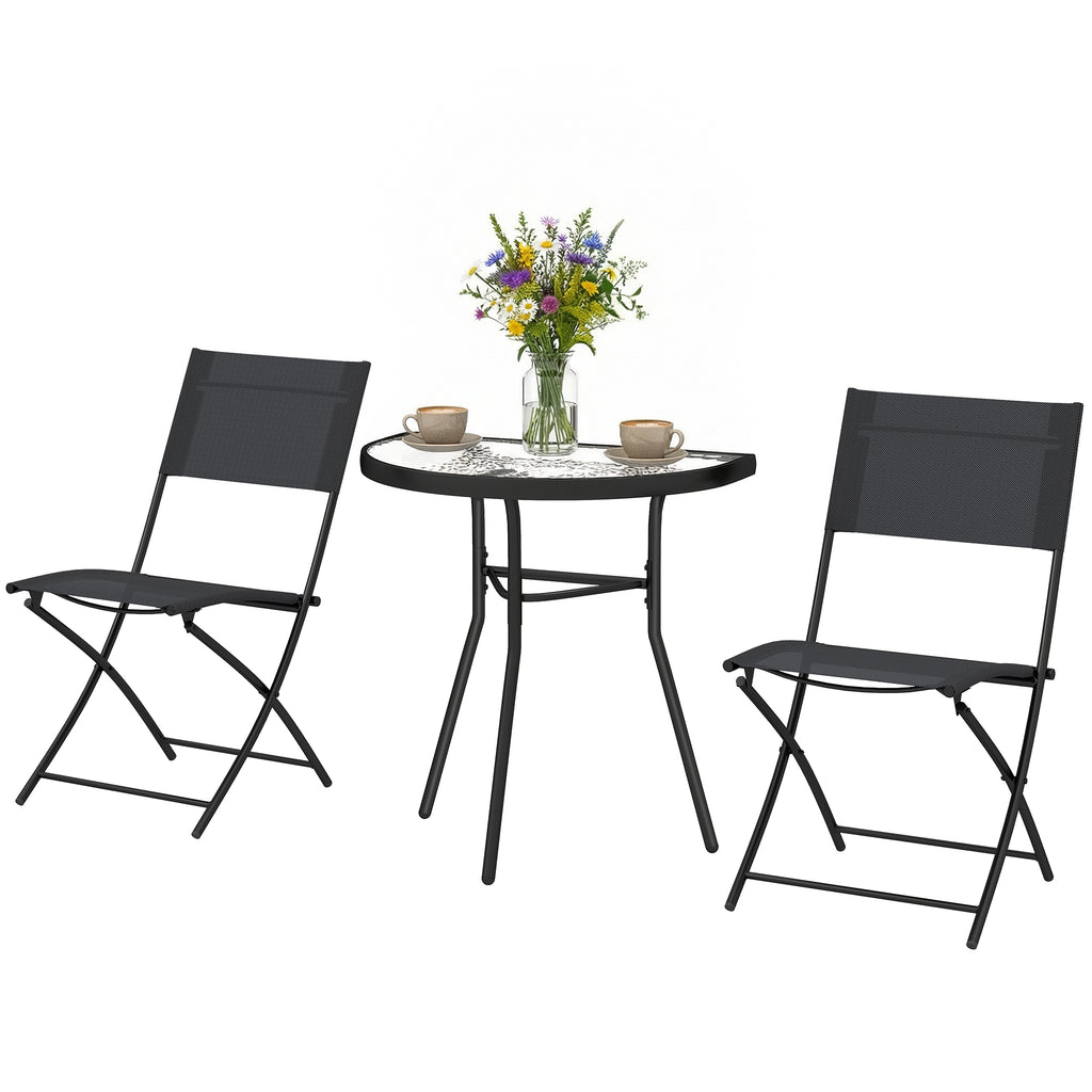 Outdoor Bistro Set, 3 Piece Patio Furniture Set with Folding Chairs, Semi-Circle Glass Top Table, Black