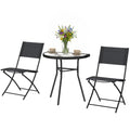 Outdoor Bistro Set, 3 Piece Patio Furniture Set with Folding Chairs, Semi-Circle Glass Top Table, Black