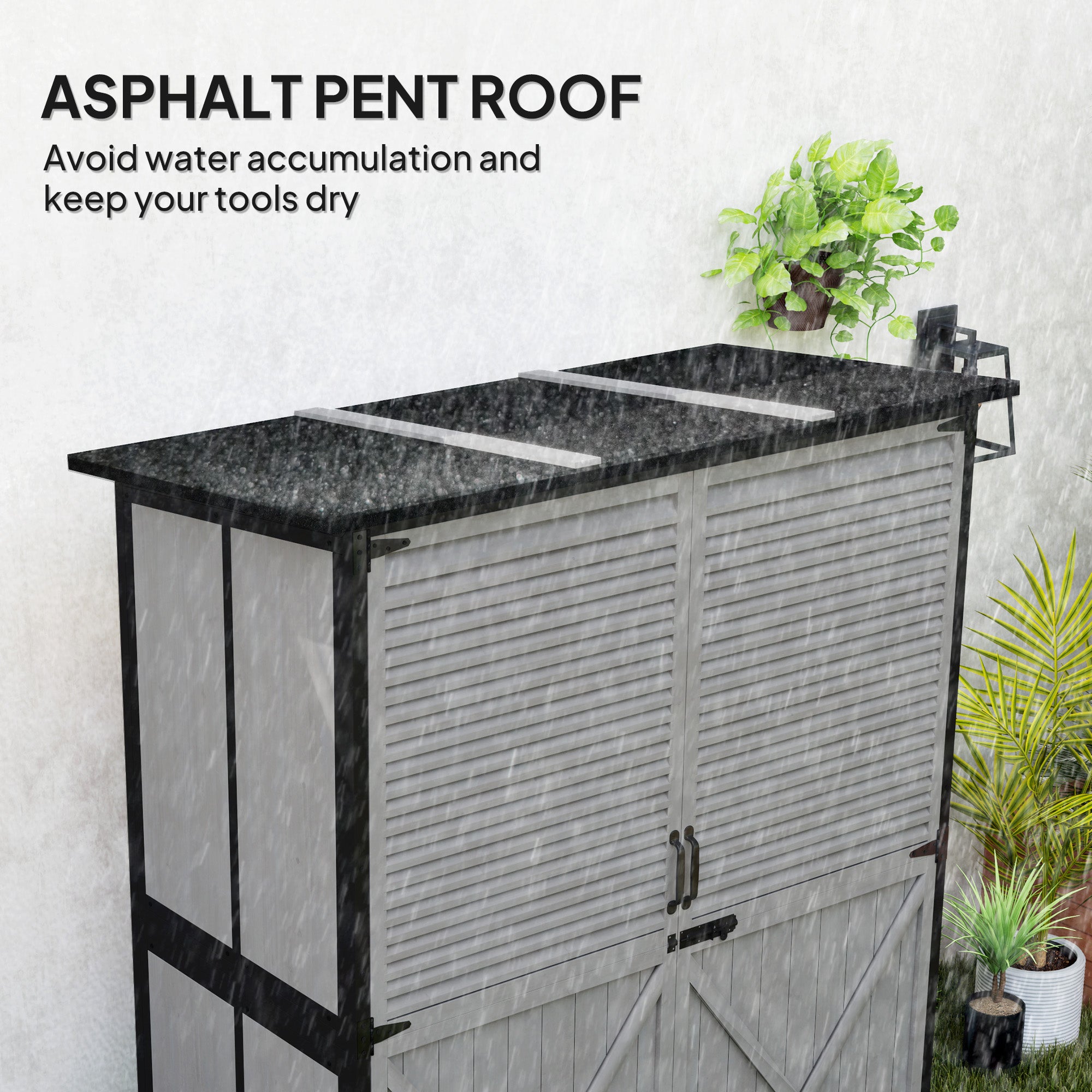 Outdoor Storage Cabinet, Wood Garden Shed with Steel Frame, Asphalt Roof, 2 Shelves and Lockable Doors, Grey