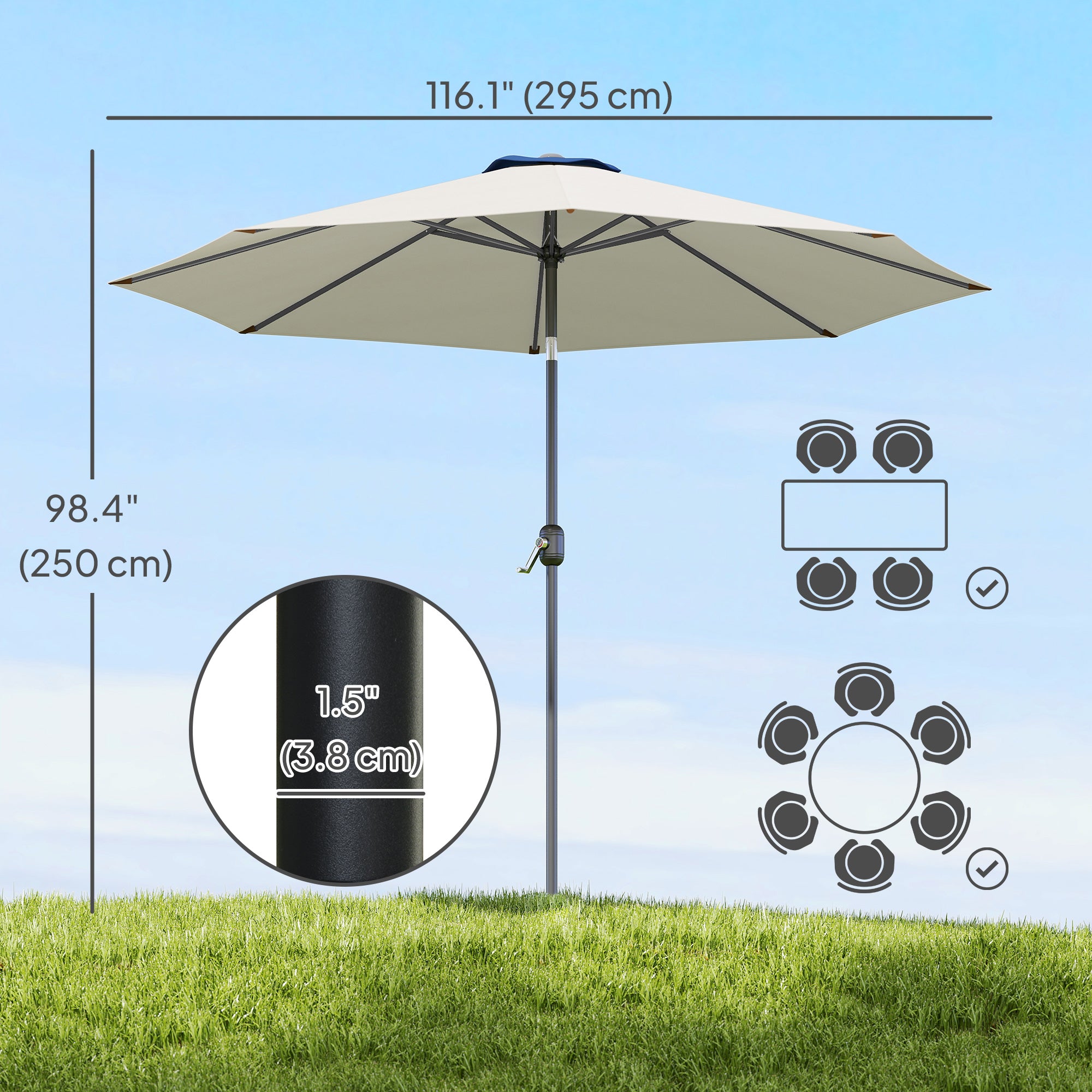 10' x 8' Round Market Umbrella, Patio Umbrella with Crank Handle and Tilt, Outdoor Parasol for Garden, Bench, Lawn, Light Grey