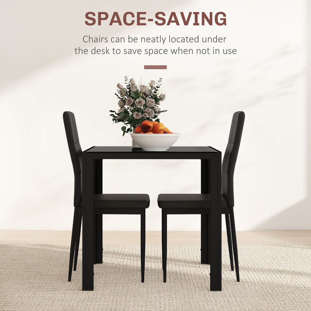 3-Piece Rectangular Glass Kitchen Table and Chairs with Metal Frame and Faux Leather Upholstery for Dining Room, Black