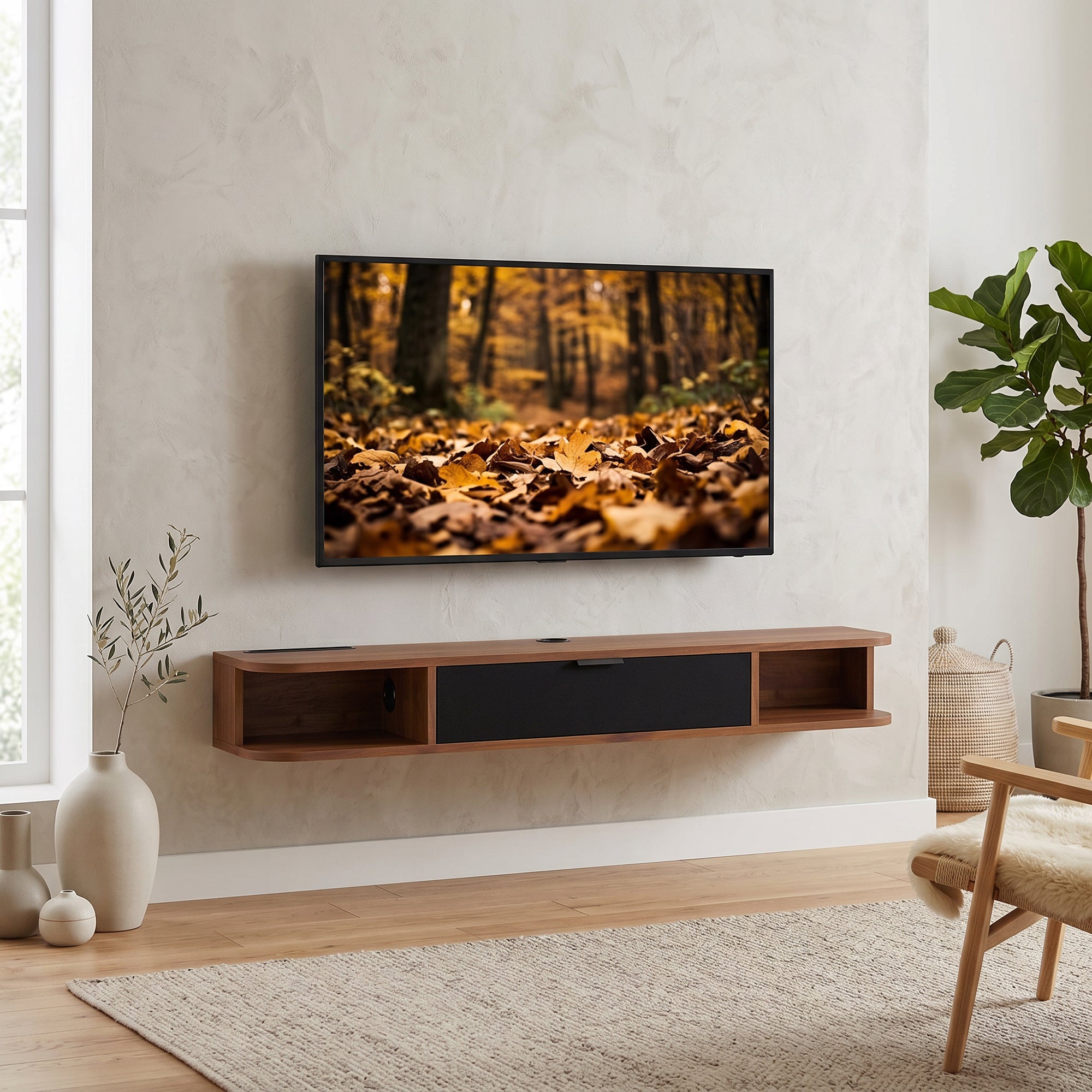 47" Floating TV Stand for TVs up to 50 Inch, Wall Mounted Media Console with Flip Drawer and 2 Open Shelves, Walnut