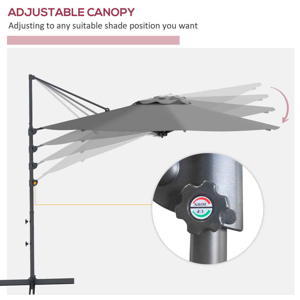 10 FT Cantilever Umbrella, Aluminum Hanging Offset Umbrella with 360Â°Rotation, Crank, Tilt, Cross Base, Grey