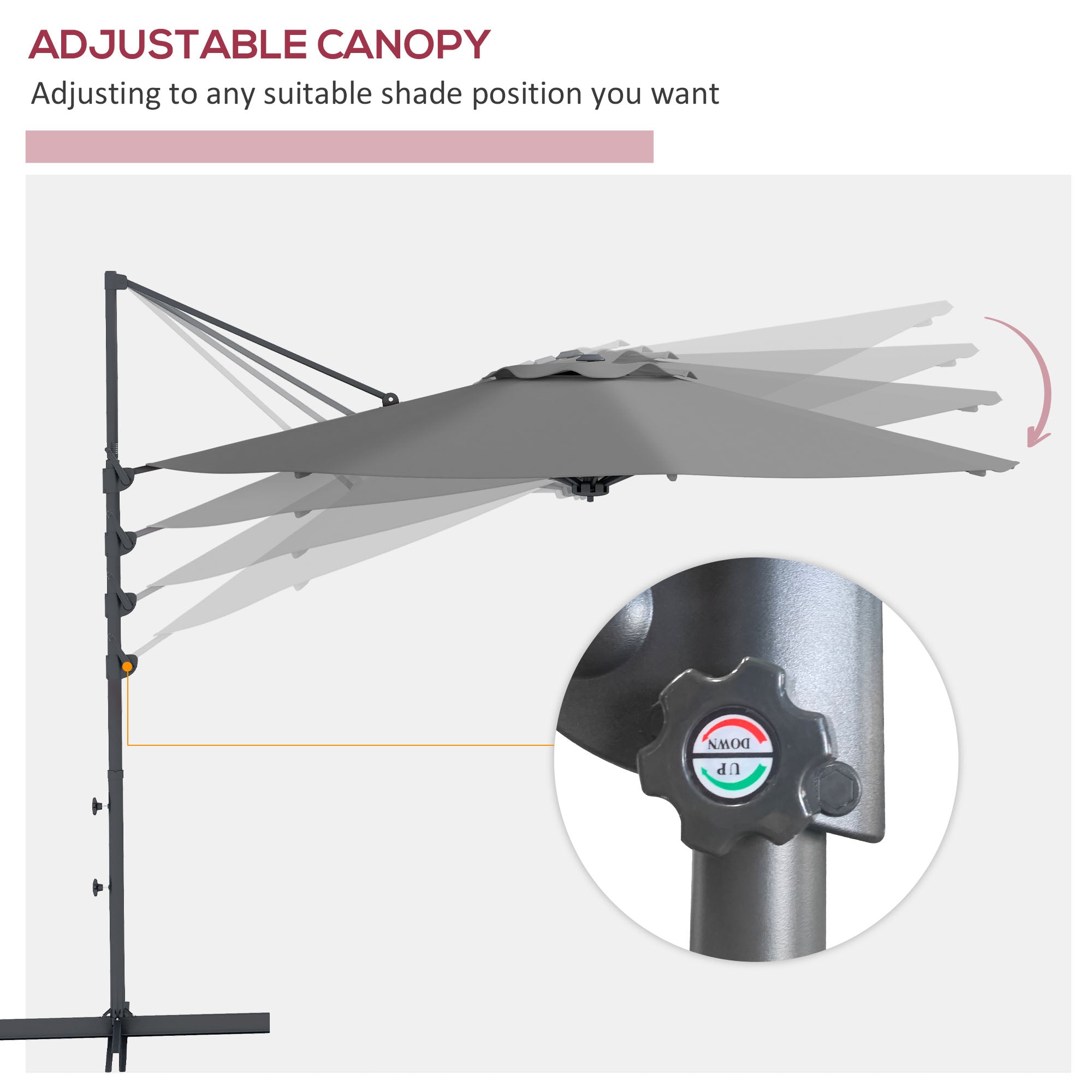 10 FT Cantilever Umbrella, Aluminum Hanging Offset Umbrella with 360Â°Rotation, Crank, Tilt, Cross Base, Grey