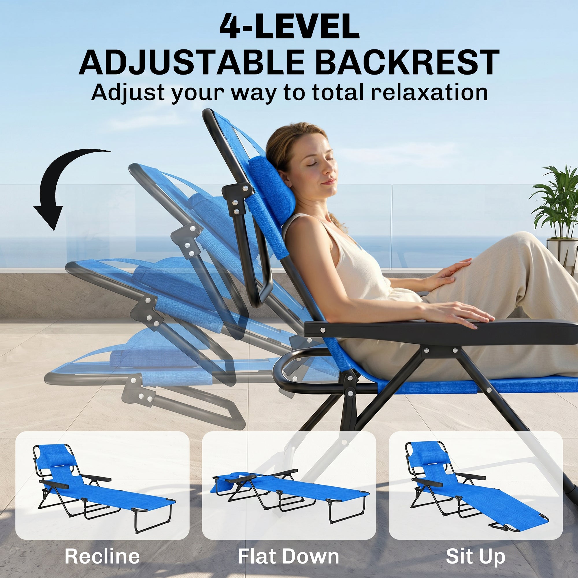 Folding Lounge Chair w/ Reclining Back, Dark Blue