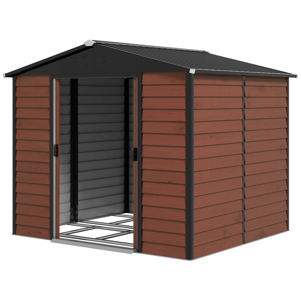 8' x 7' Outdoor Storage Shed, Galvanized Steel Metal Garden Shed with Lockable Doors, Floor Frame, Vents, Lock and Gloves for Backyard, Lawn, Patio, Teak