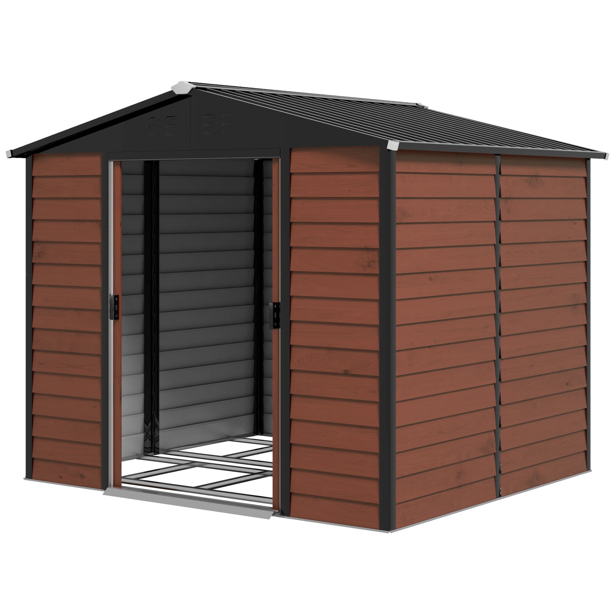 8' x 7' Outdoor Storage Shed, Galvanized Steel Metal Garden Shed with Lockable Doors, Floor Frame, Vents, Lock and Gloves for Backyard, Lawn, Patio, Teak