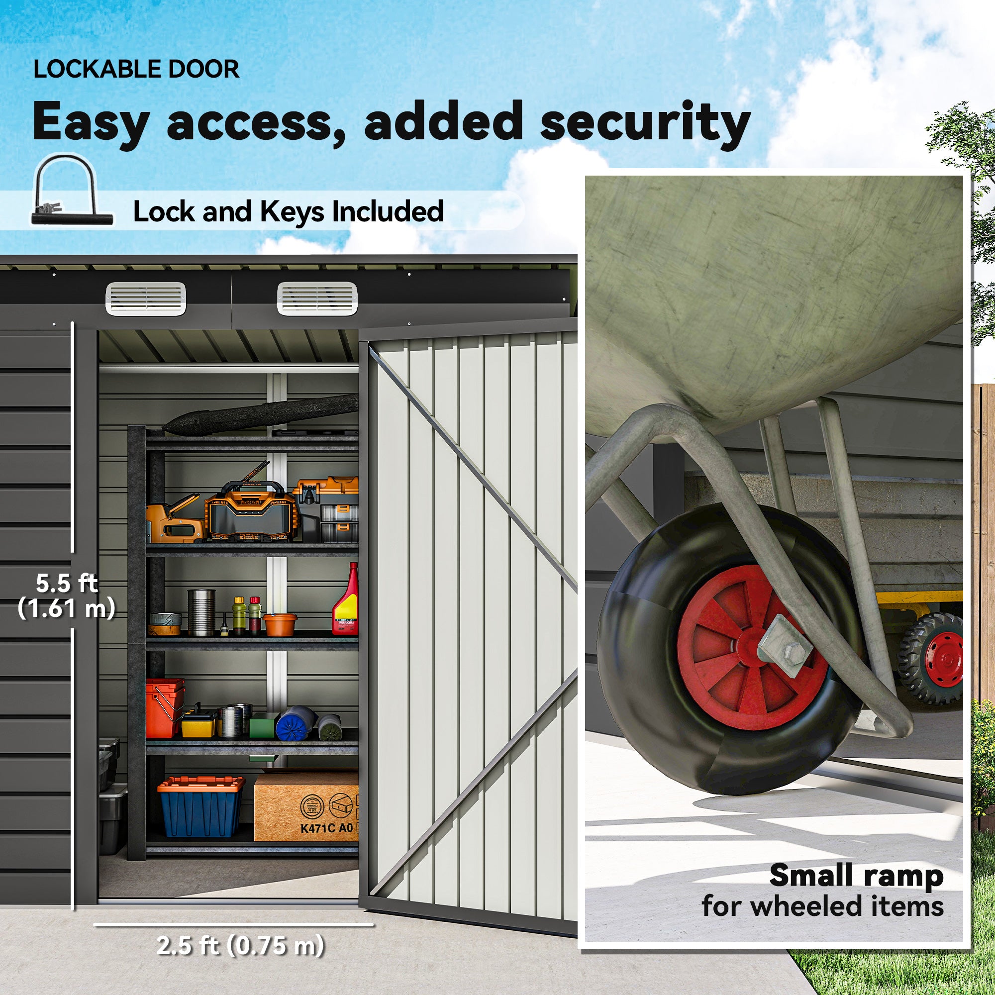 6 x 4FT Galvanized Garden Storage Shed, Metal Outdoor Shed with Double Doors and 2 Vents, Grey